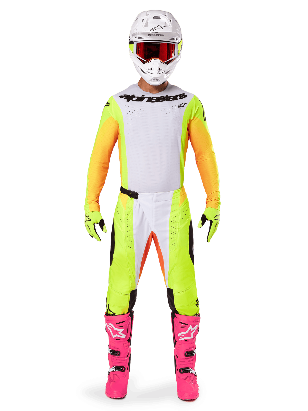 Maillot Alpinestars Techstar Melt 2025, pilote de motocross en tenue complète, maillot blanc et jaune avec manches orange, pantalon jaune assorti, bottes rose vif, casque blanc avec lunettes rouges, équipement de course tout-terrain coordonné