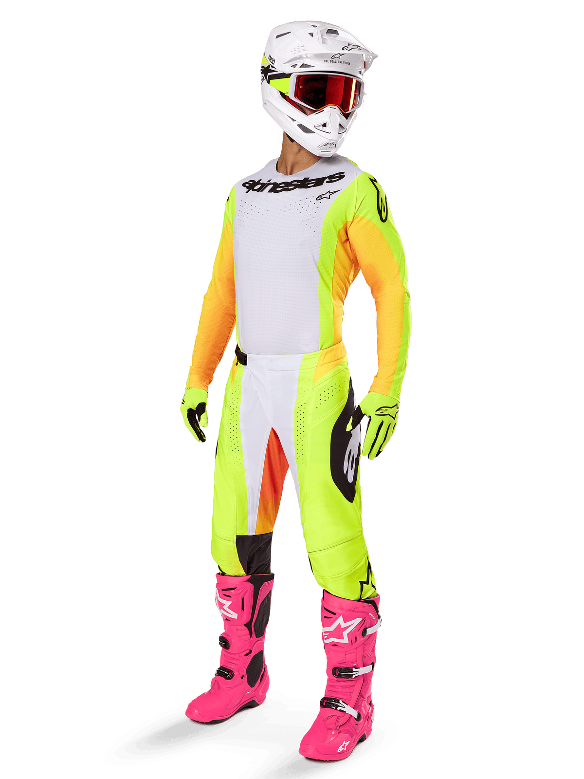 Pilote de motocross portant une tenue de course complète Alpinestars Techstar Melt 2025, maillot blanc avec panneaux latéraux jaunes et manches orange, pantalon jaune et blanc assorti, casque blanc avec lunettes rouges et bottes rose vif, équipement de course tout-terrain professionnel.
