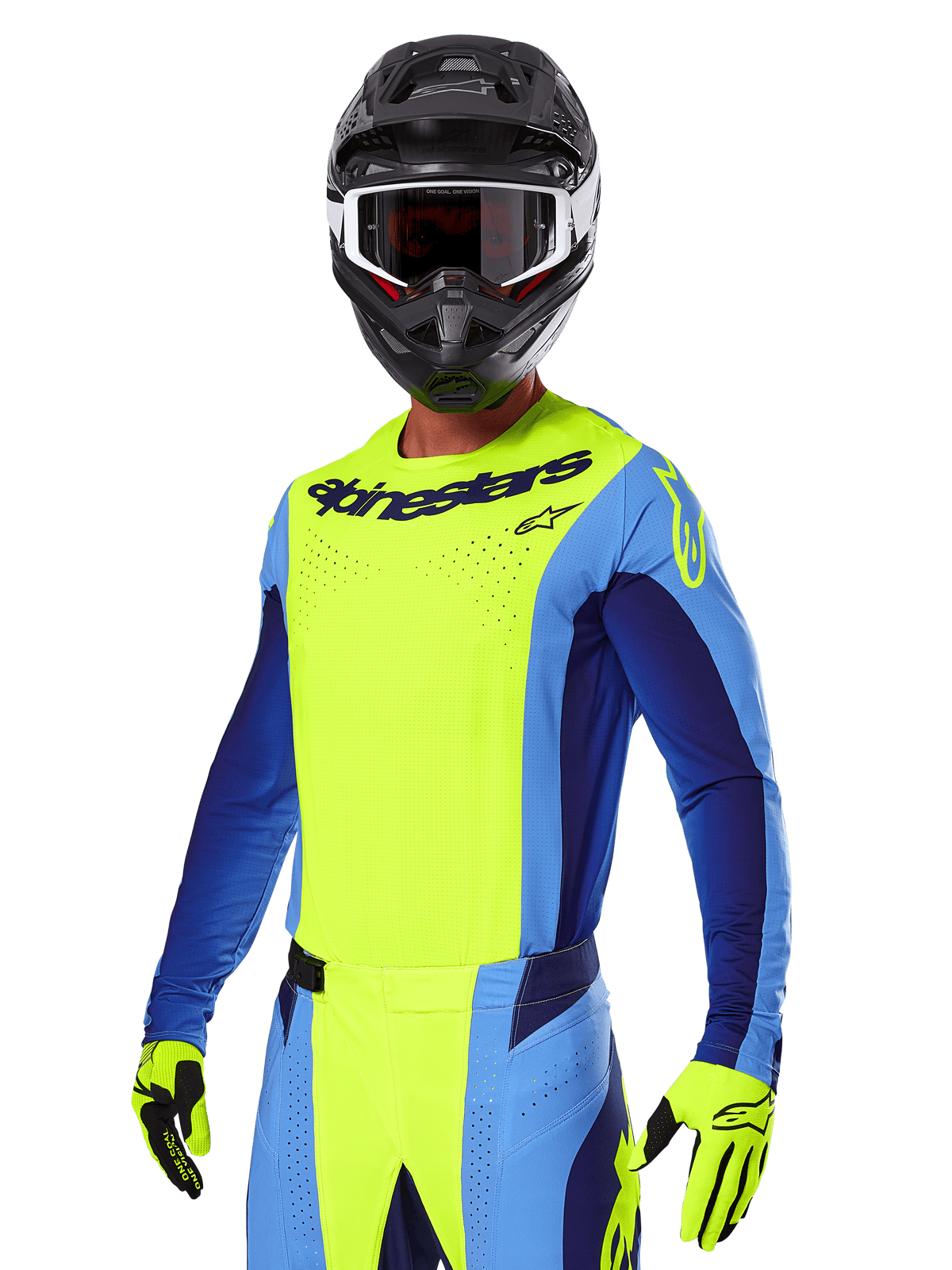 Alpinestars 2025 Techstar Melt Gear Set, Motocross rider wearing a bright yellow and blue jersey with matching pants, black helmet with white and black goggles, yellow gloves, coordinated off-road racing outfit with bold Alpinestars branding and perforated details
