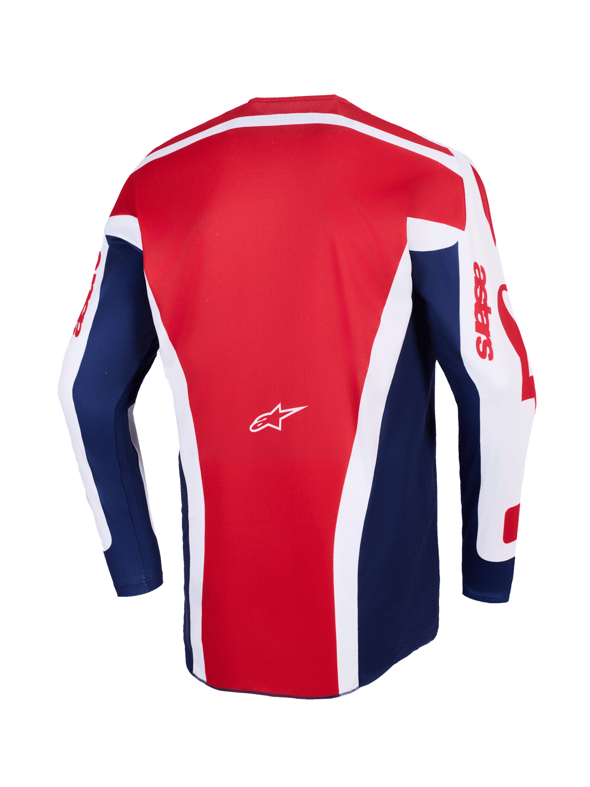 Alpinestars 2026 Racer Riway Jersey, maillot de motocross, blanc, bleu et rouge, vue de dos montrant un large panneau central rouge avec des accents angulaires blancs, des panneaux latéraux bleus et des manches blanches avec marquage astars rouge, avec un petit logo Alpinestars blanc au centre.