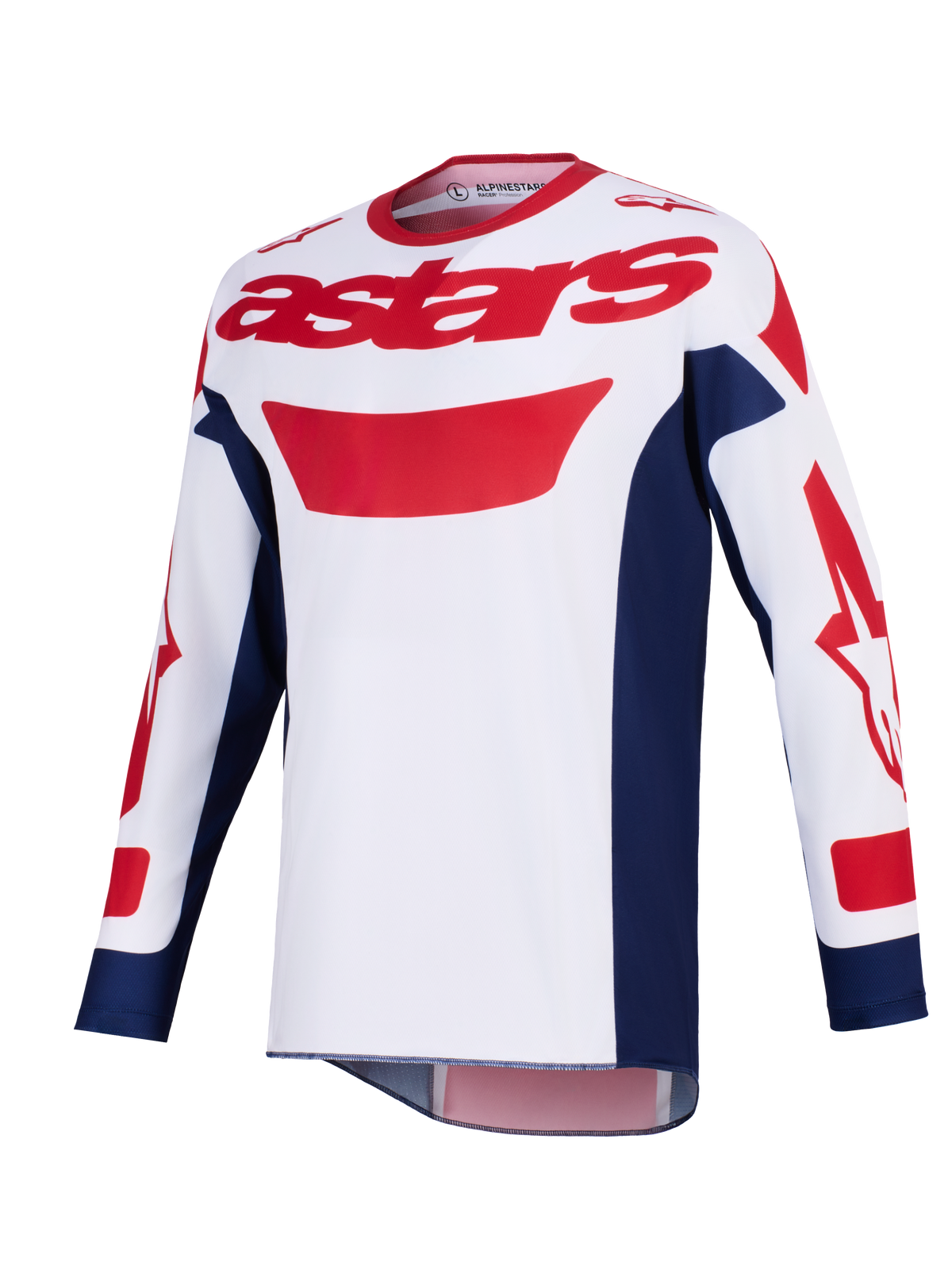 Maillot Alpinestars Racer Riway 2026, maillot de motocross, blanc, bleu et rouge, logo Astars rouge sur la poitrine, empiècements latéraux bleu marine, manches longues avec graphismes rouges, équipement de pilotage tout-terrain haute performance