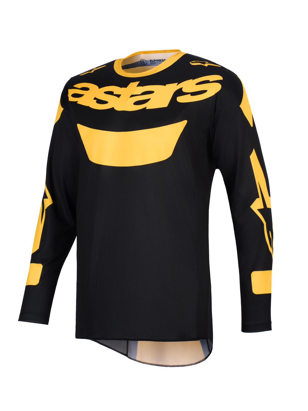 Maillot Alpinestars Racer Riway 2026, maillot de motocross, jaune et noir, arborant un logo 'astars' jaune sur la poitrine, manches longues avec accents graphiques, construction légère en poly-tissu pour le pilotage tout-terrain
