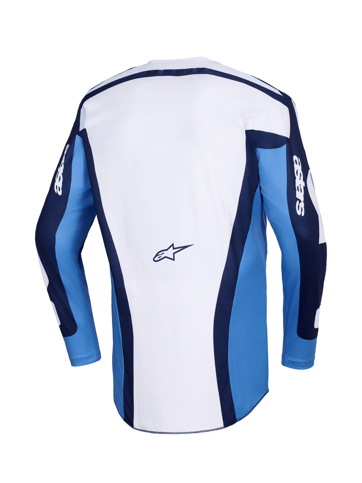 Maillot Alpinestars Racer Riway 2026, maillot de motocross, bleu UCLA et blanc, vue arrière présentant un panneau principal blanc avec des manches bleues et des accents bleu marine, petit logo Alpinestars en bas du dos, coupe athlétique pour le tout-terrain