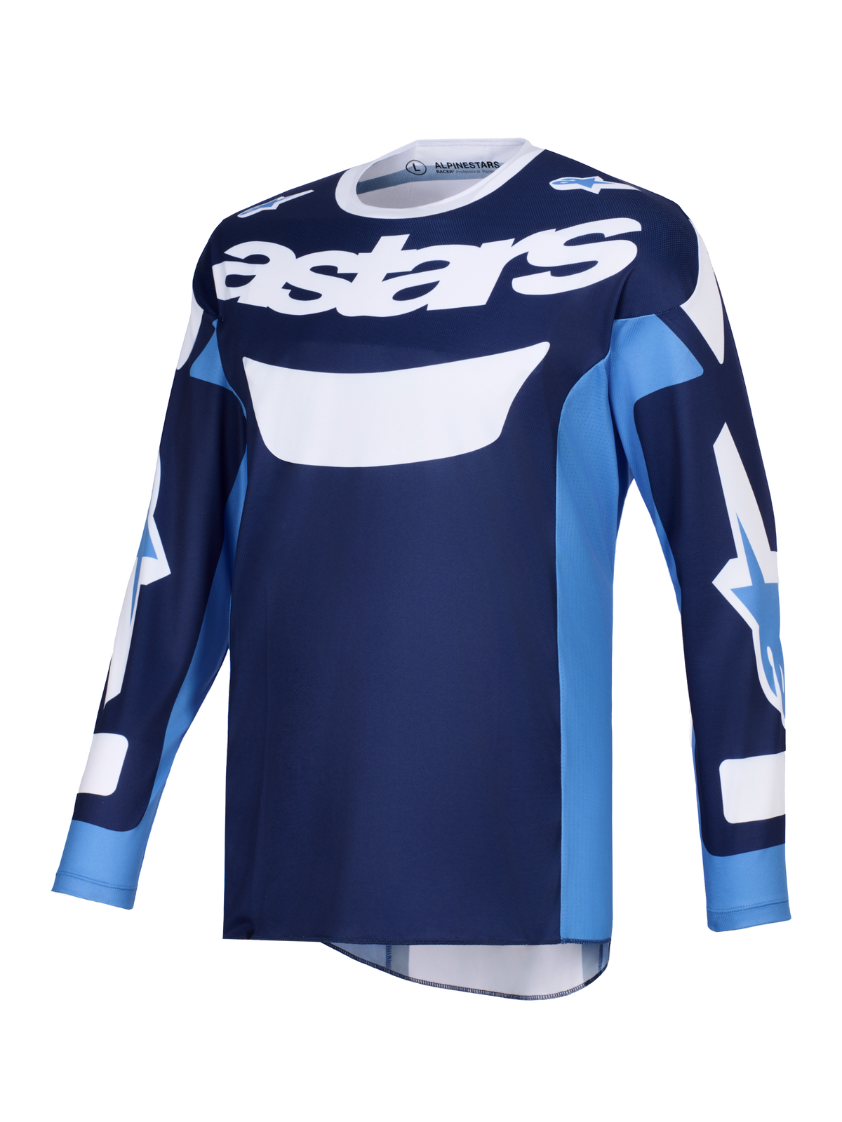 Alpinestars 2026 Racer Riway Jersey, maillot de motocross, bleu UCLA et blanc, avec logo 'astars' blanc sur la poitrine, manches longues avec logos, conçu en poly-tissu léger évacuant l'humidité pour le pilotage tout-terrain