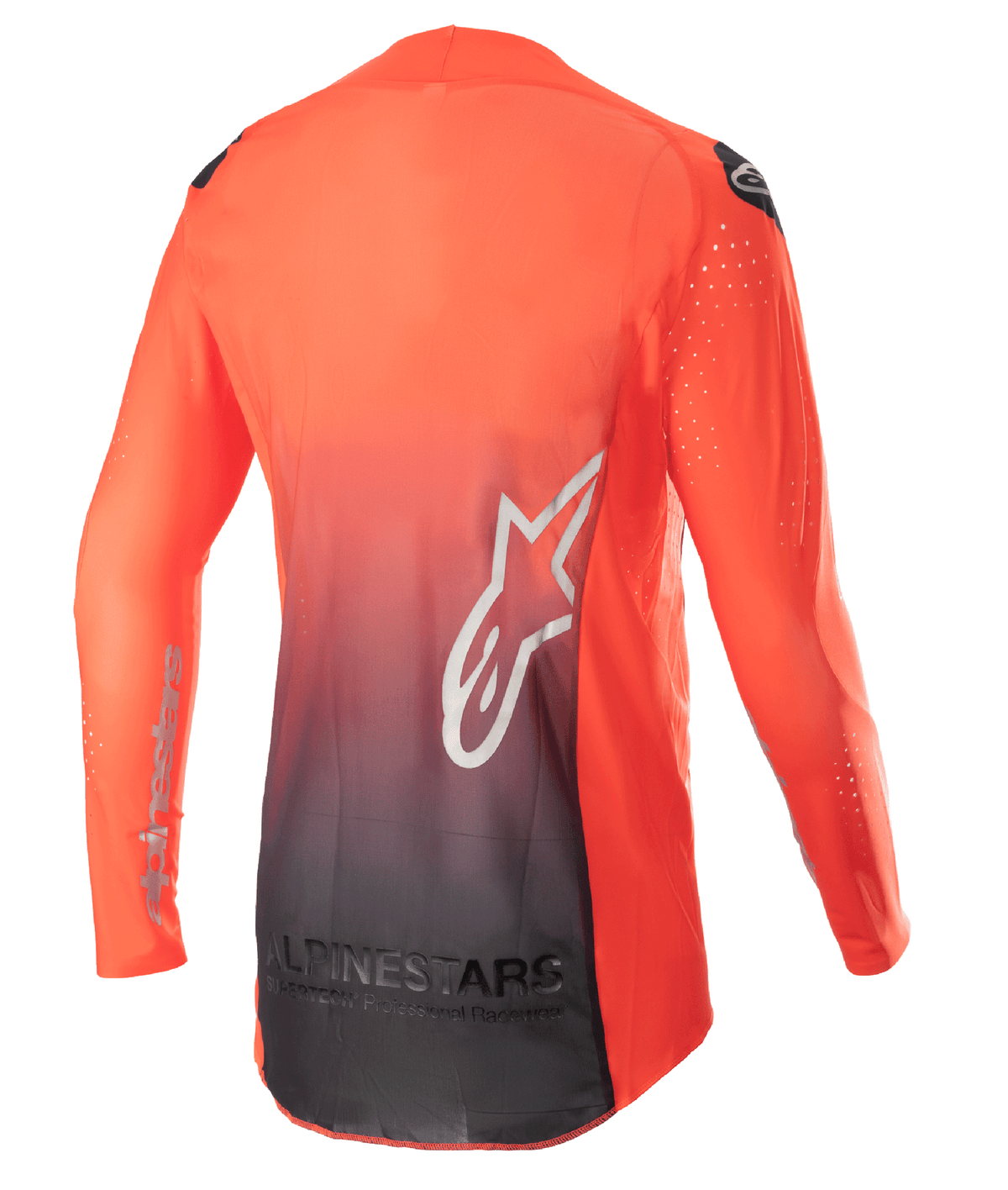 Alpinestars Supertech Risen Jersey 2023, maillot de motocross, orange vif et noir, vue de dos présentant un dégradé de l'orange au noir, grand logo étoile blanc à l'arrière et tissu en maille respirante pour la performance tout-terrain