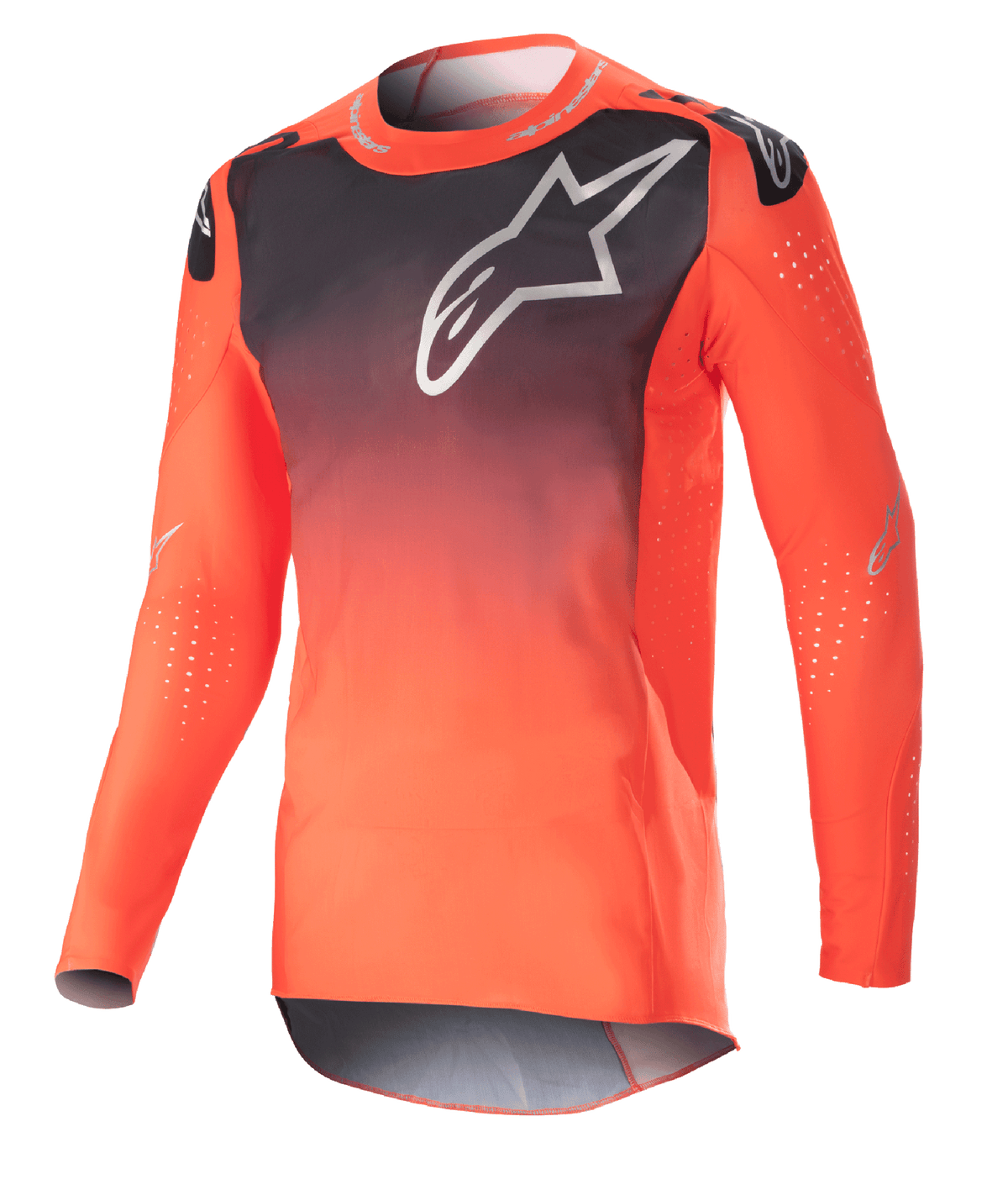 Alpinestars 2023 Supertech Risen Jersey, maillot de motocross, dégradé orange vif et noir, avec un grand logo blanc sur la poitrine, perforations laser pour la circulation de l'air, tissu en maille extensible léger, coupe athlétique performante