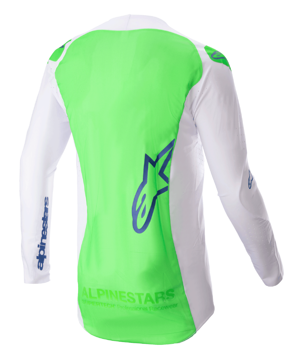Maillot Alpinestars Supertech Risen 2023, maillot de motocross, blanc et vert fluo avec accents bleu ray, vue arrière mettant en évidence la maille extensible respirante et le panneau arrière allongé, équipement de performance léger pour la course tout-terrain