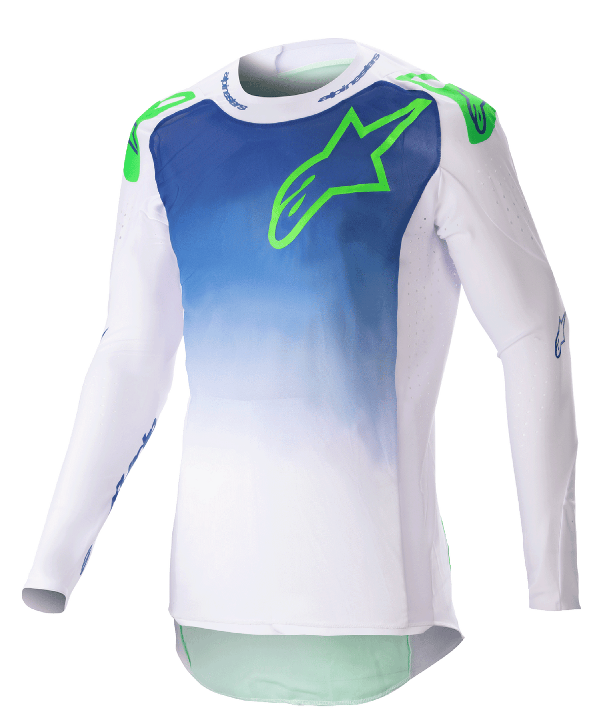 Alpinestars 2023 Supertech Risen Jersey, maillot de motocross, bleu et blanc avec logo vert fluo, torse au design dégradé, manches longues perforées, coupe athlétique de course, équipement de course tout-terrain