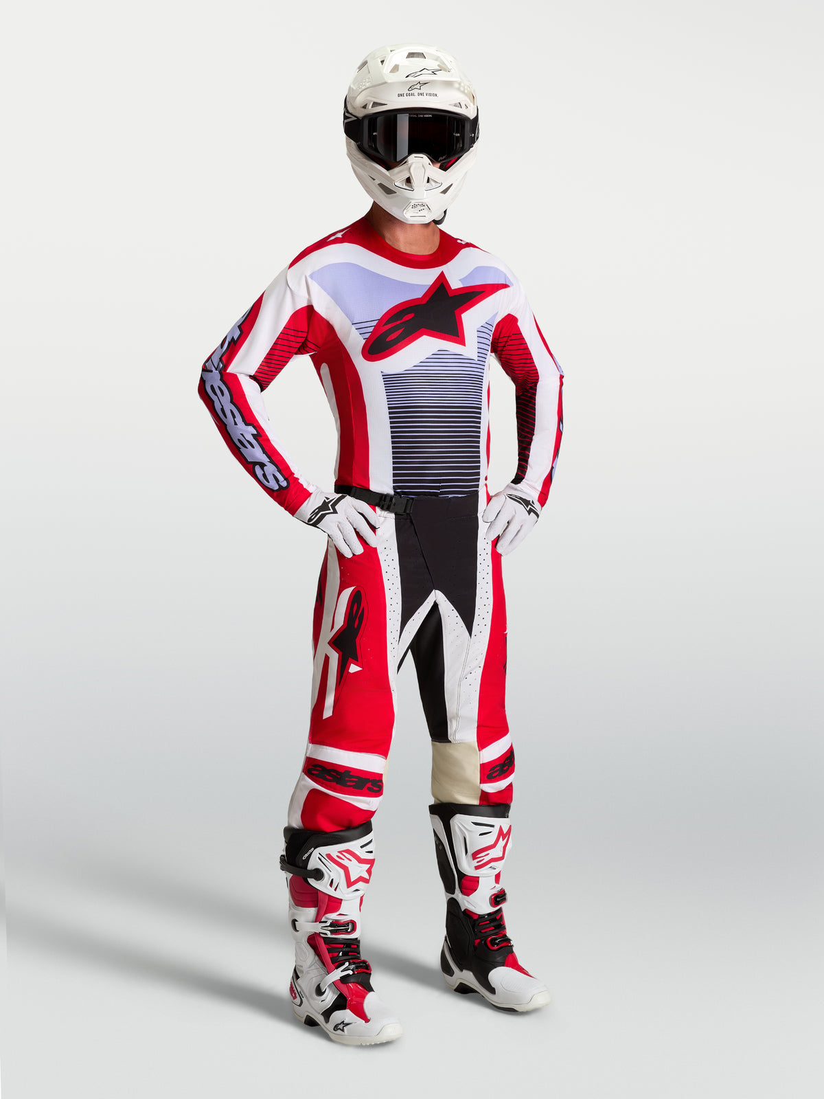 Ensemble Alpinestars Techstar Maven, maillot et pantalon de course motocross pour homme, rouge, blanc et lavande.