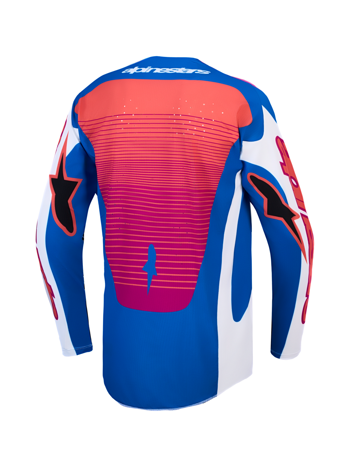 Alpinestars Techstar Maven, maillot de motocross, vue de dos, bleu et rouge, ventilation découpée au laser et coupe athlétique.