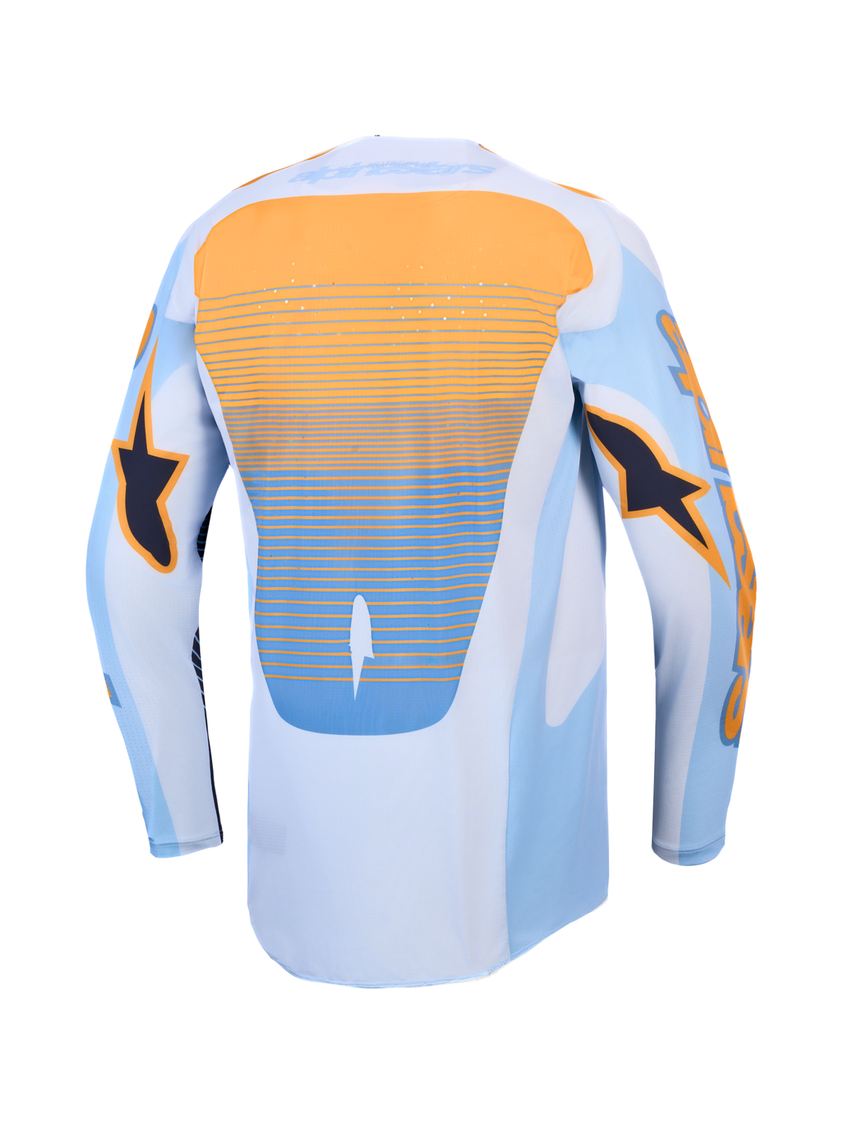 Alpinestars Maillot Techstar Maven, maillot de motocross racing pour homme, bleu et orange, vue de dos montrant le panneau arrière avec dos allongé et perforations laser.
