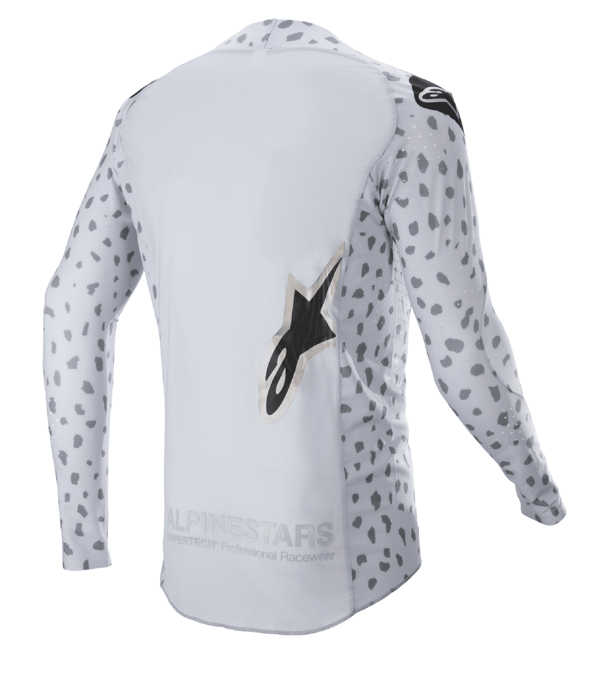 Alpinestars 2023 Supertech North Jersey, maillot de motocross, Haze Gray et noir, vue arrière avec motif tacheté abstrait sur les manches et les côtés, grand logo en étoile, panneau arrière allongé et conception technique respirante
