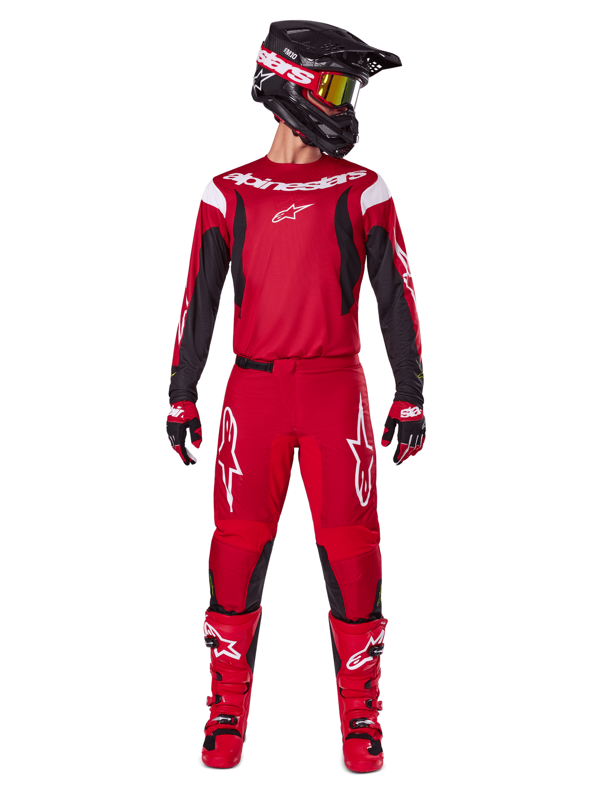 Tenue complète Alpinestars Fluid Haul 2025, ensemble de motocross rouge et noir pour homme, conduite tout-terrain.
