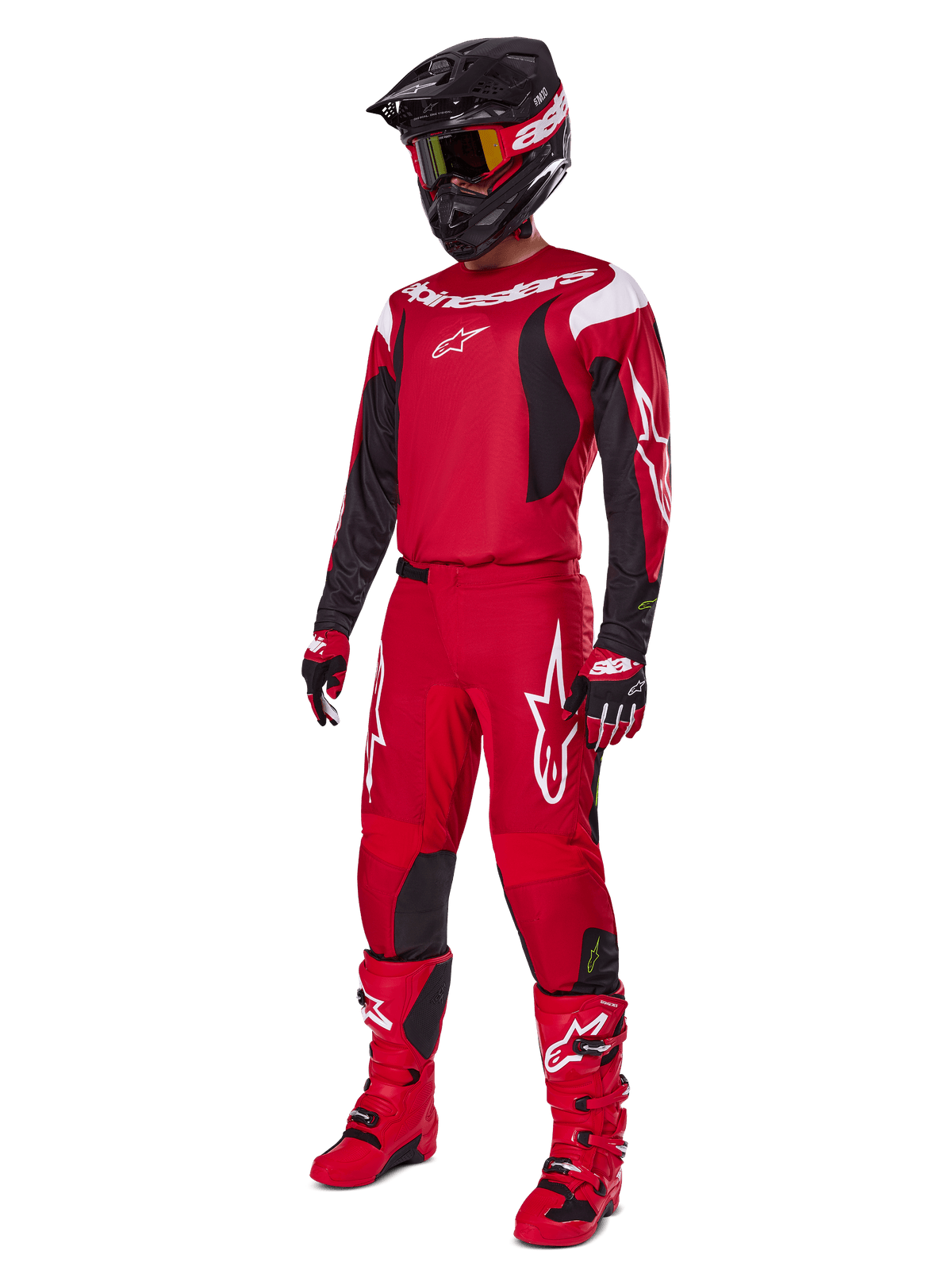 Maillot et tenue complète Alpinestars Fluid Haul 2025, équipement de motocross homme rouge et noir, performance tout-terrain.