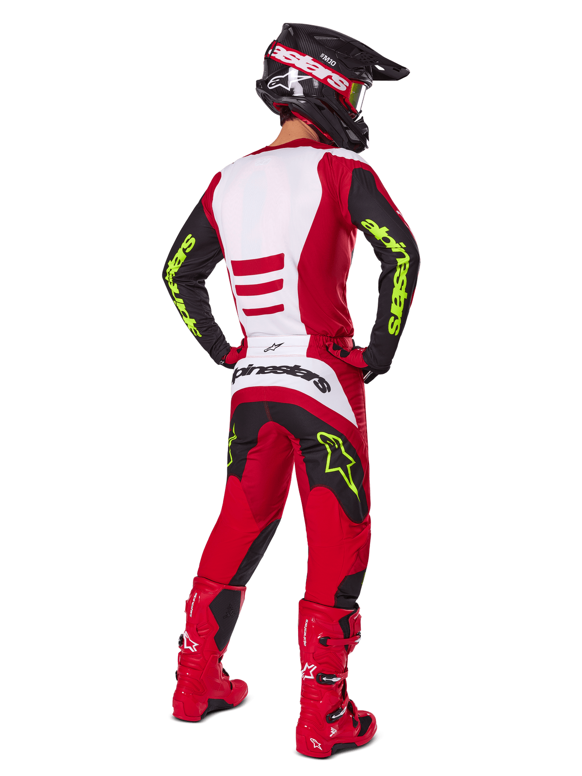 Maillot et tenue complète Alpinestars Fluid Haul 2025, équipement motocross rouge et noir, accents jaune néon, vue de dos.