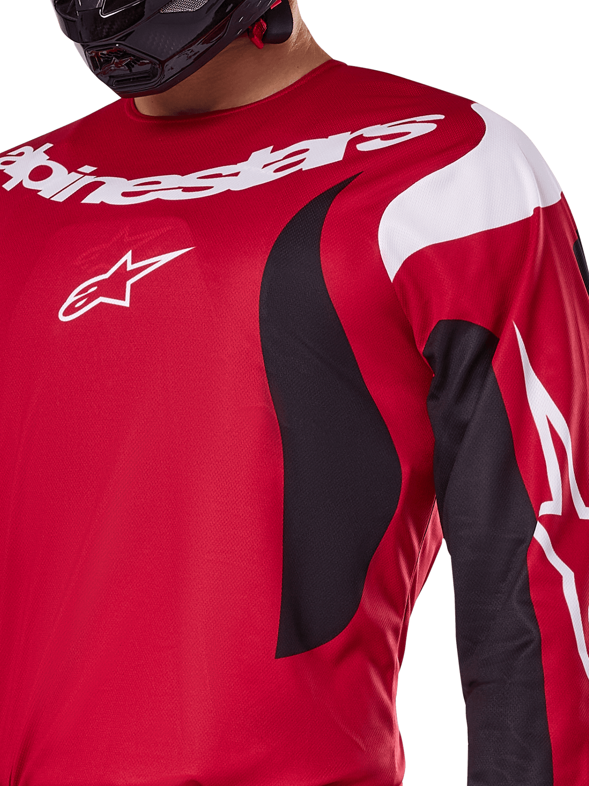 Alpinestars Maillot Fluid Haul 2025 et Tenue complète Fluid Haul 2025, maillot de motocross rouge vif et noir, logos blancs.