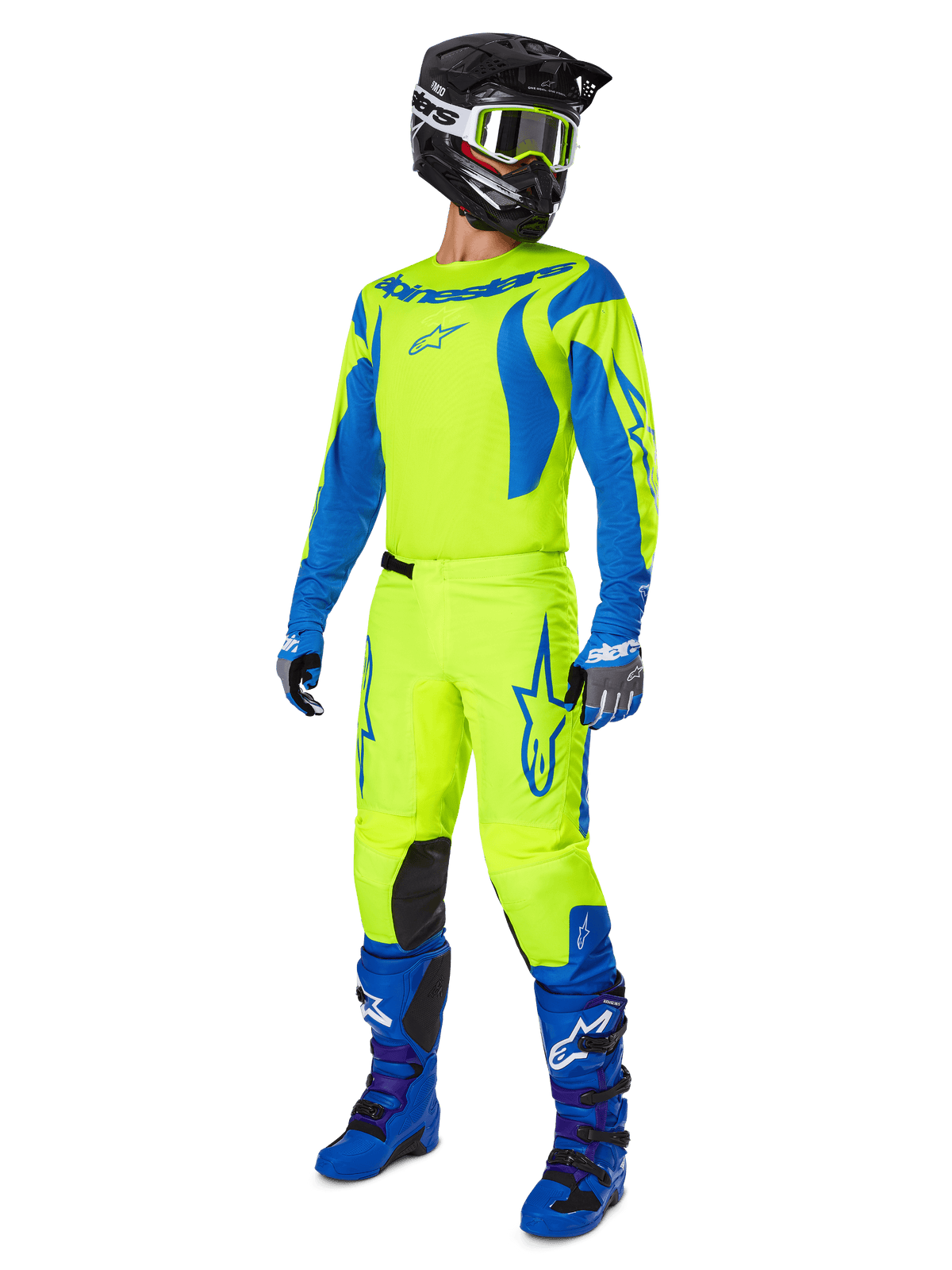 Alpinestars 2025 Fluid Haul Gear Set, tenue de motocross complète avec maillot et pantalon jaune fluo et bleu, casque noir, gants bleus et bottes tout-terrain bleues, ensemble coordonné haute visibilité pour le motocross et l'enduro.