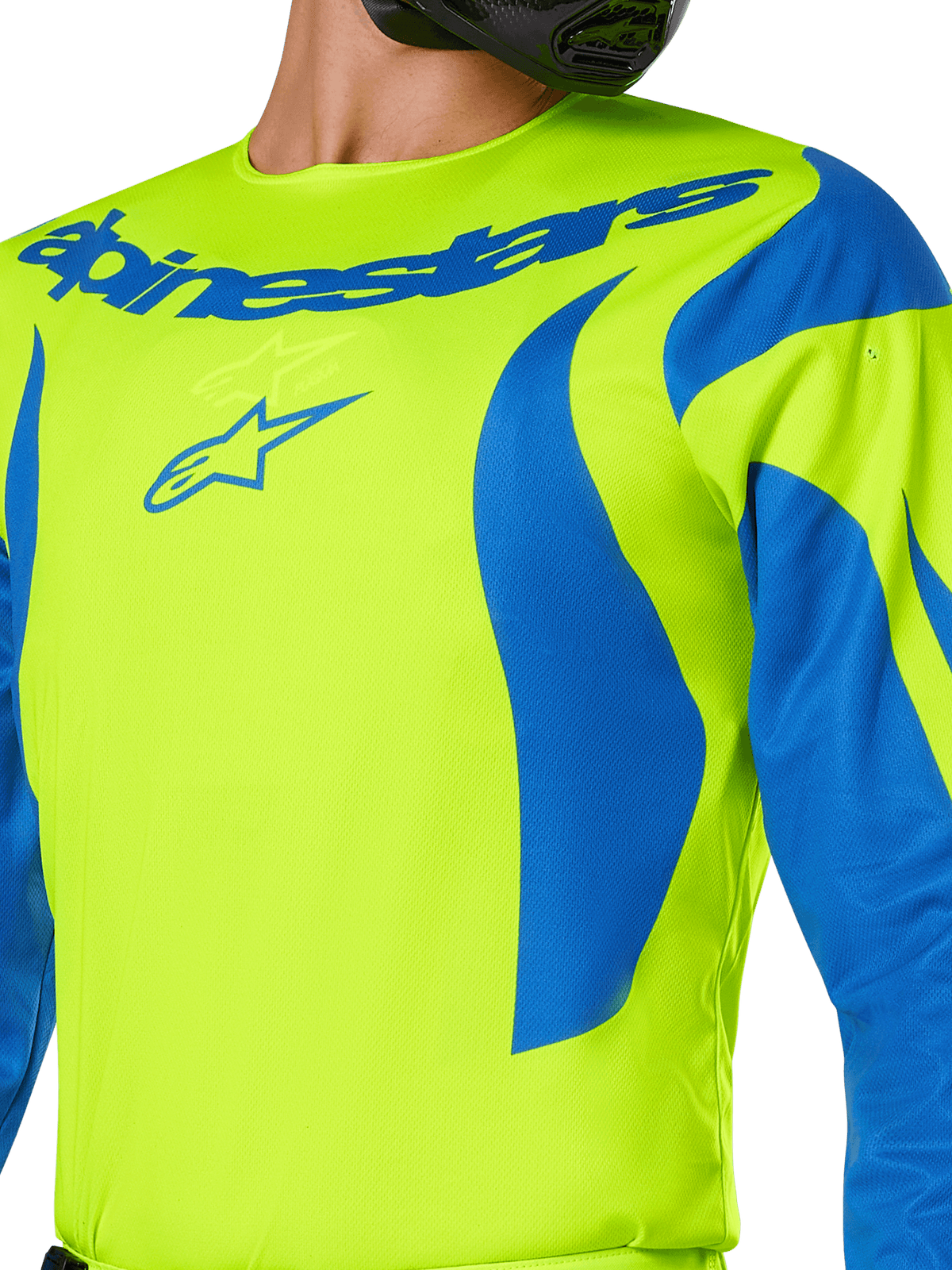Maillot Alpinestars Fluid Haul 2025, maillot de motocross, jaune fluo et bleu, arborant le logo Alpinestars bleu sur la poitrine et des motifs ondulés bleus sur les épaules, coupe athlétique pour le tout-terrain