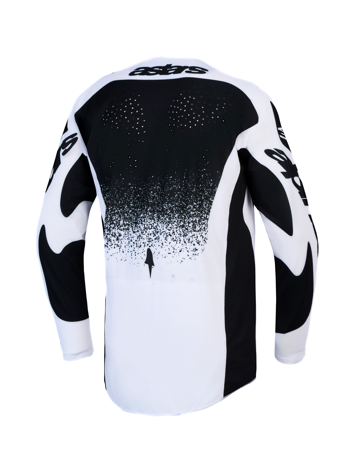 Alpinestars Maillot Techstar Swan, maillot de motocross noir et blanc, vue arrière avec ventilation laser et dos allongé.
