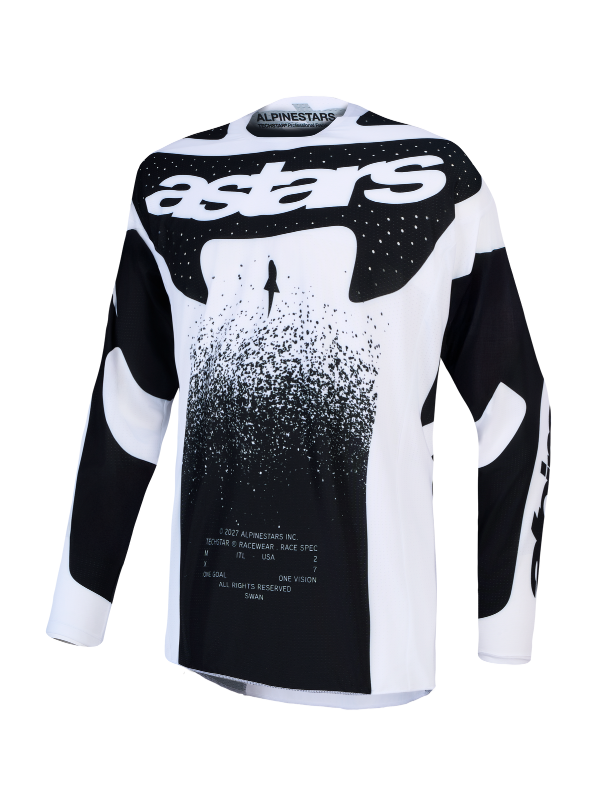 Alpinestars Techstar Swan, maillot de motocross pour homme, blanc et noir, en tissu stretch léger avec perforations laser pour une ventilation optimale.