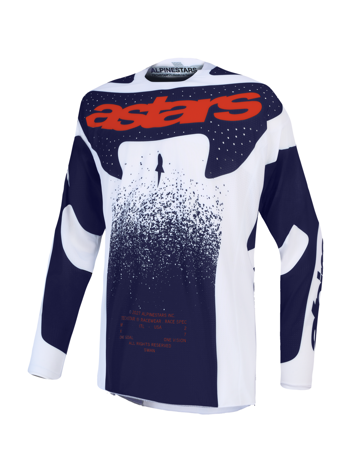 Maillot Alpinestars Techstar Swan, maillot de motocross pour homme, lilas clair, gris foncé et rouge fluo, textile technique léger et respirant