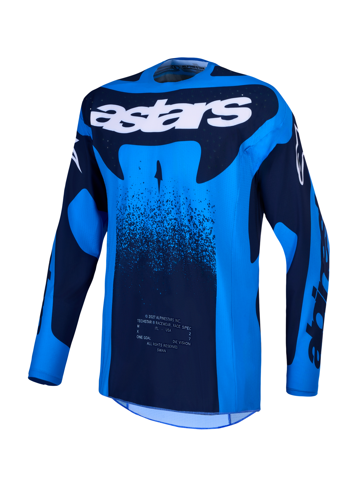 Alpinestars maillot Techstar Swan, maillot de motocross bleu et bleu foncé avec tissu respirant et perforations laser