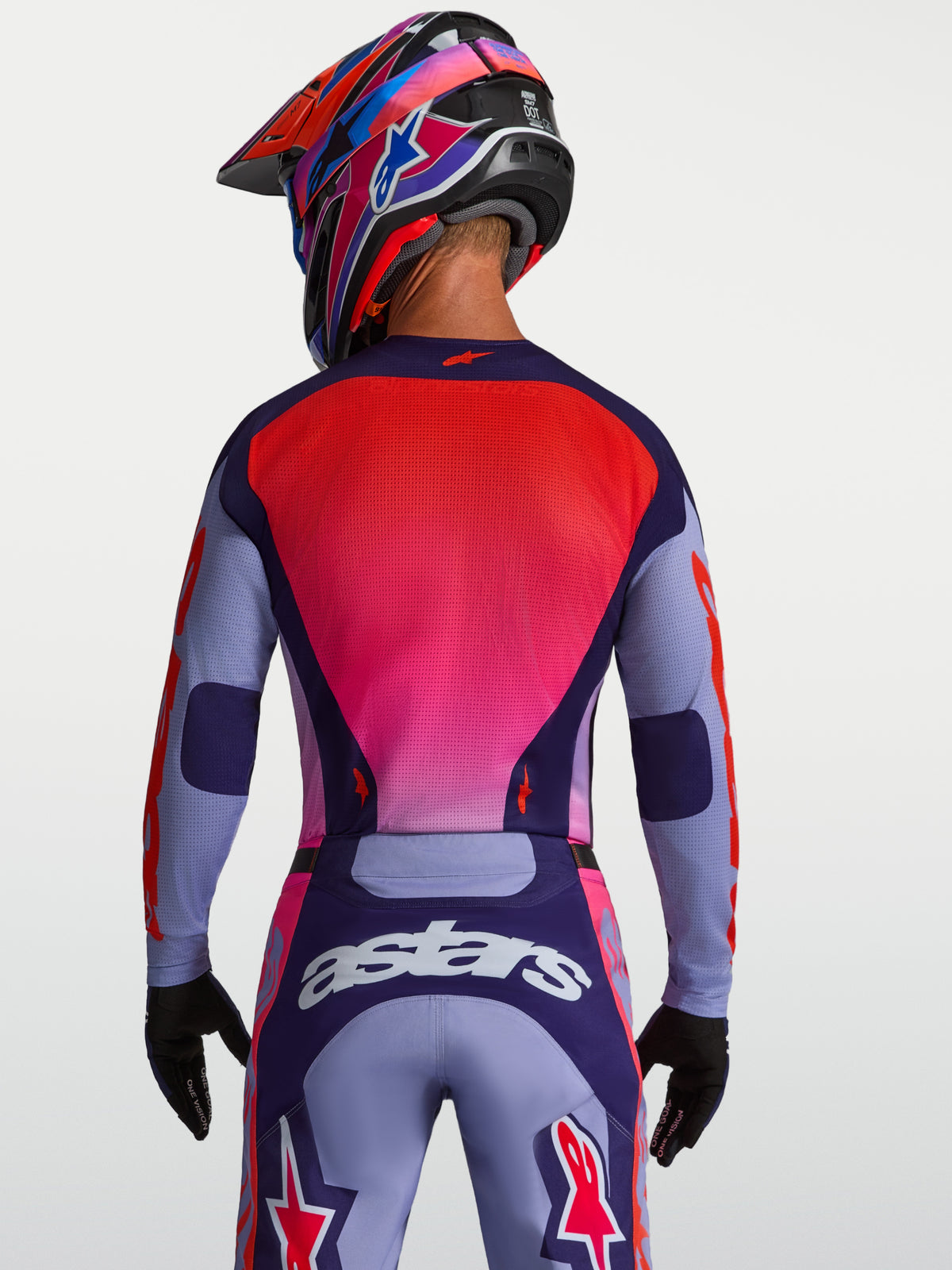 Maillot Alpinestars Racer Air Hunt, maillot de motocross pour homme, violet et rose fluo, mesh respirant, vue de dos