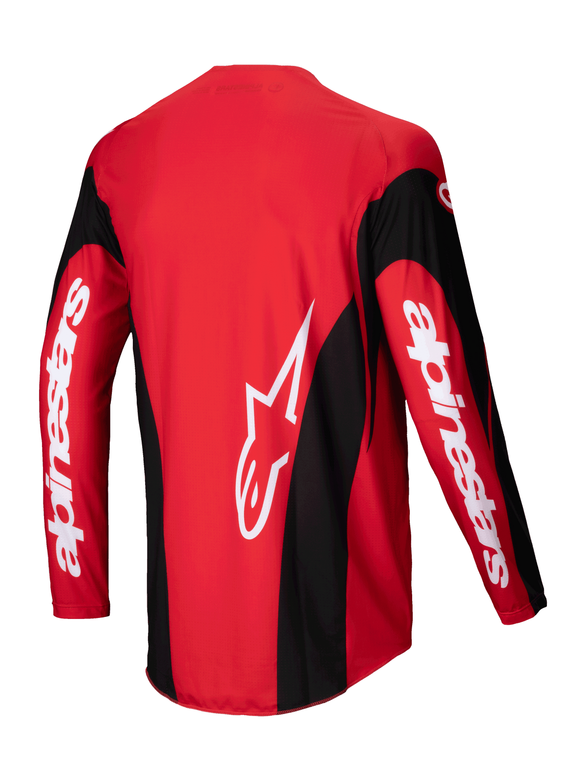 Alpinestars Maillot Techstar Dreem 2025, maillot de motocross, rouge et noir, vue de dos montrant la construction extensible et l'ourlet arrière allongé