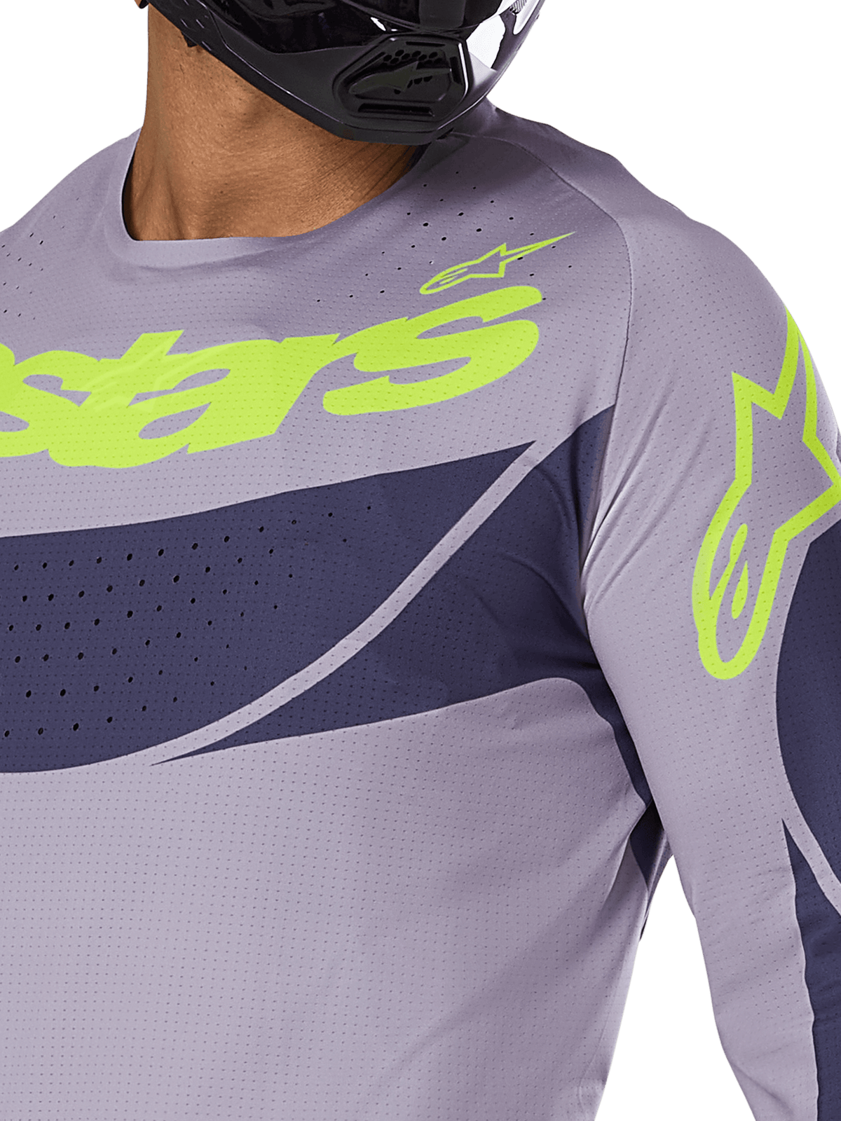Alpinestars 2025 Techstar Dreem Jersey, Motocross Jersey, Gray and Navy Blue with Bright Lime Green logo, close-up of rider wearing black helmet, featuring laser-cut perforations for ventilation
