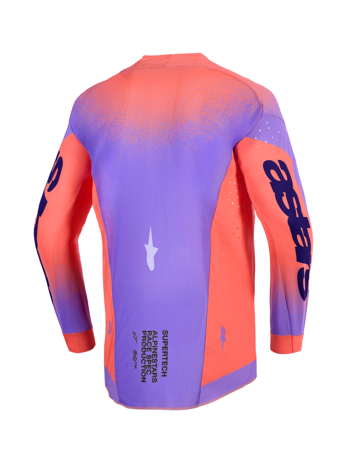 Maillot Alpinestars Supertech Scenz 2026, maillot de motocross, corail vif et violet, vue de dos avec châssis en maille extensible légère, perforations au laser pour la ventilation et marquage audacieux sur les manches et le bas du dos.