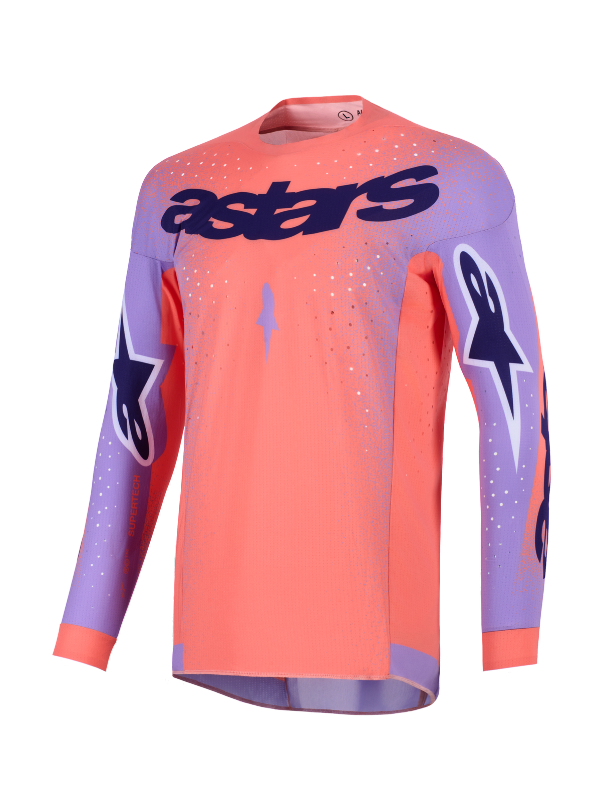 Maillot Alpinestars Supertech Scenz 2026, maillot de motocross, corail vif et violet, avec grand logo 'astars' violet sur la poitrine, logos étoiles sur les manches et empiècements en maille perforée pour la course tout-terrain haute performance