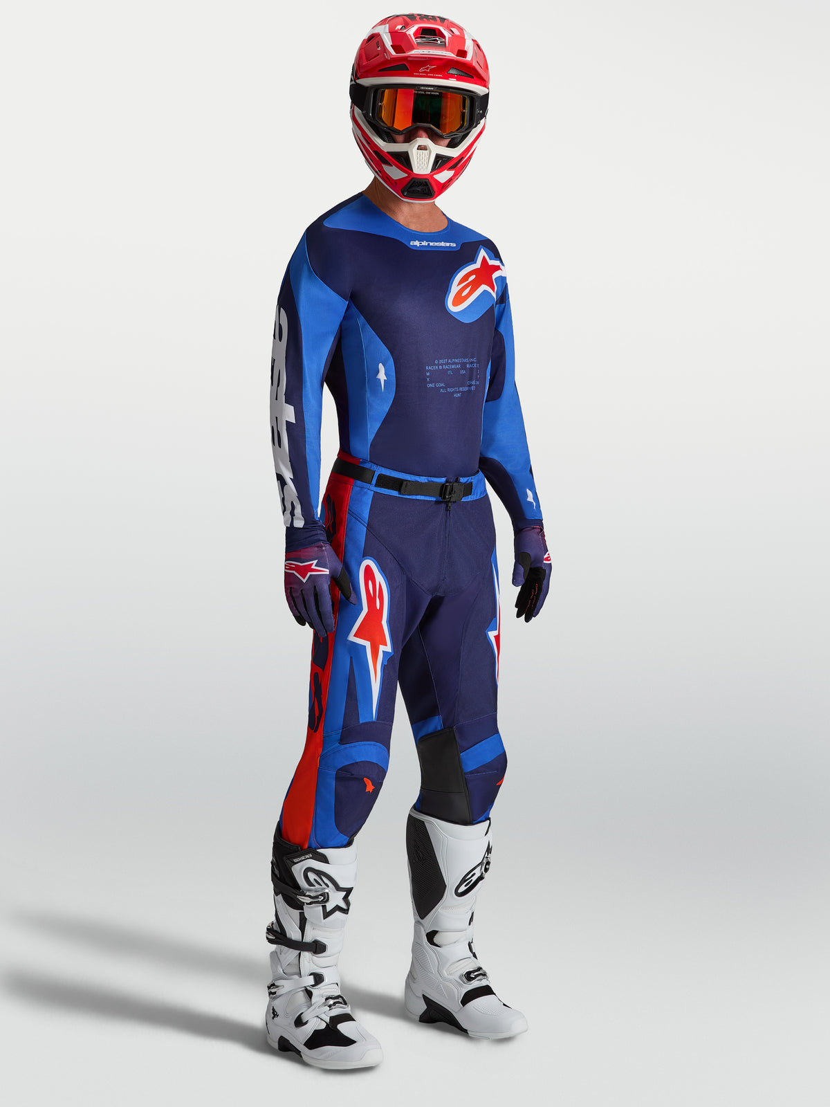 Maillot Alpinestars Racer Hunt, maillot de motocross pour homme, bleu et rouge, poly-tissu respirant avec coupe de course
