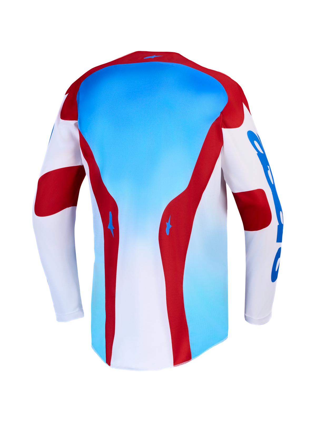 Alpinestars maillot Racer Hunt et Racer Hunt Gear Set, maillot de motocross bleu, rouge et blanc en poly-tissu, vue arrière.