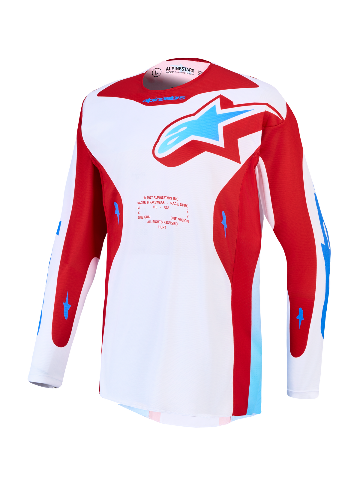 Maillot Alpinestars Racer Hunt, motocross pour homme, blanc et rouge avec détails bleus, polyfabric évacuant l'humidité.
