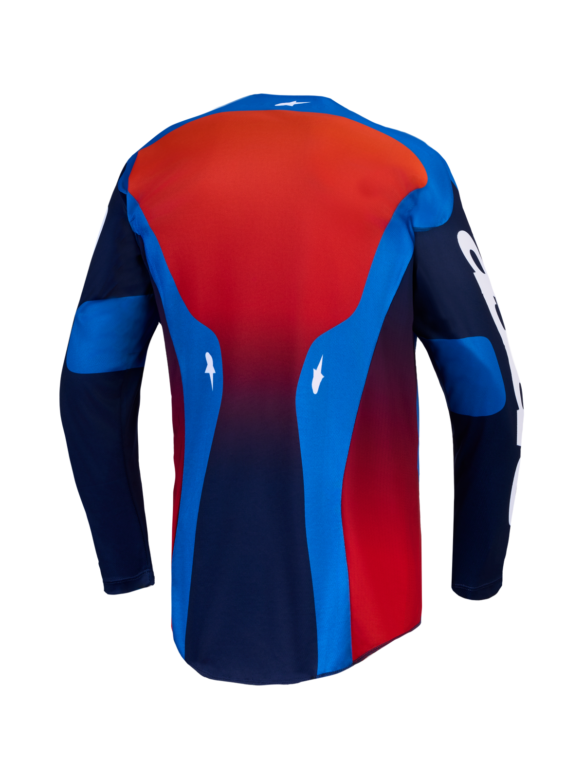 Maillot Racer Hunt d'Alpinestars, équipement de motocross pour homme, bleu et rouge feu, textile léger évacuant l'humidité, vue arrière.