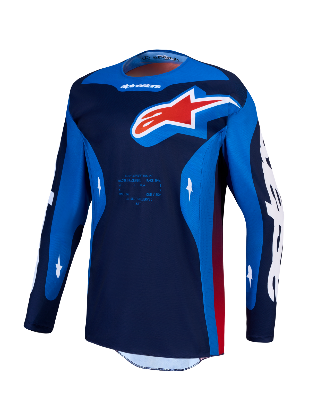 Maillot Alpinestars Racer Hunt, maillot de motocross pour homme, bleu et rouge, construction en poly-tissu léger évacuant l'humidité, performance tout-terrain