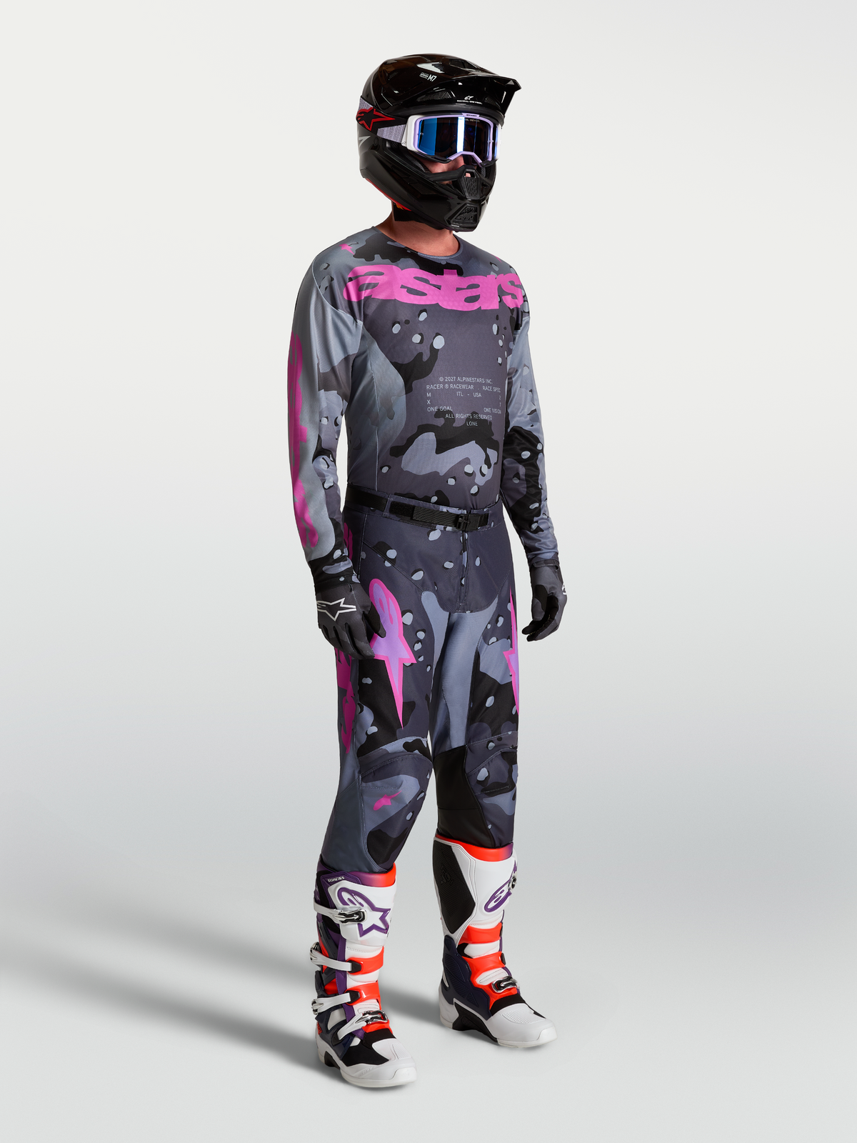 Alpinestars Racer Lone Jersey and Gear Set, men's gray camo and purple motocross kit with matching pants and racing boots.