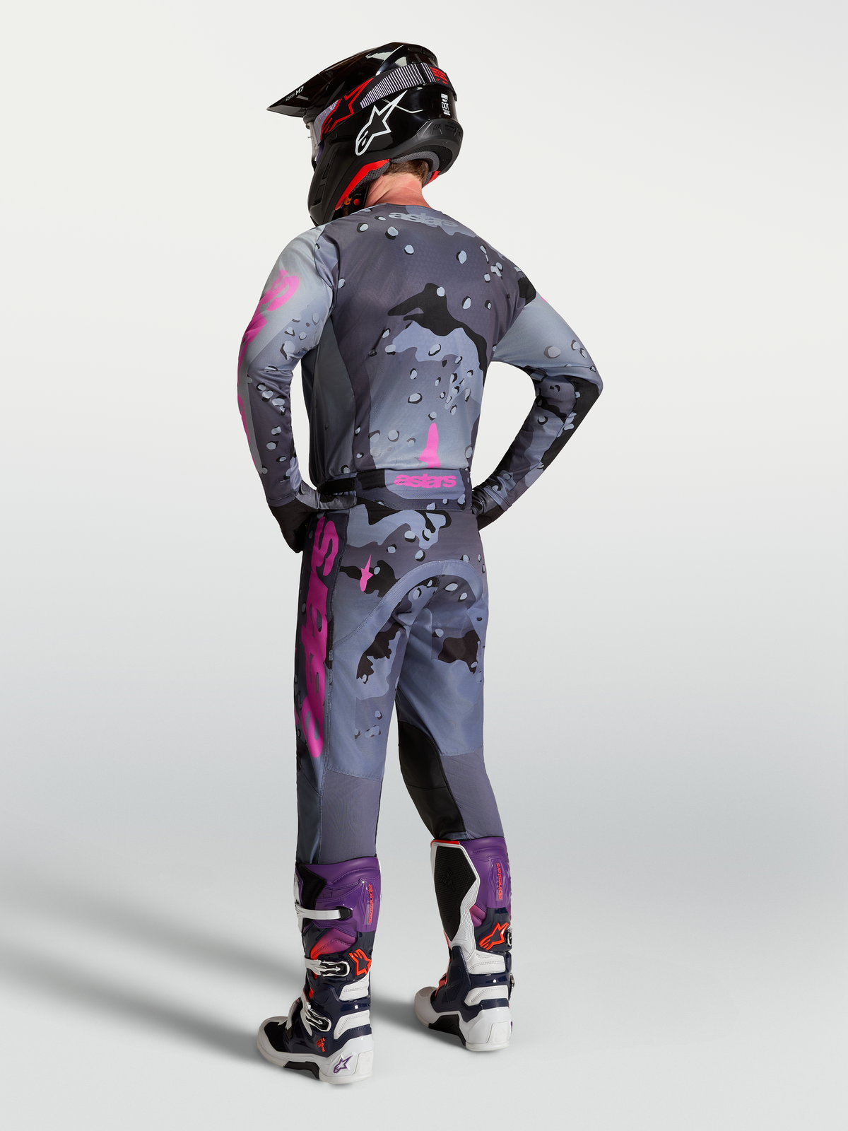 Alpinestars Racer Lone Jersey and Gear Set in Gray Camo and Purple for Men's Motocross Racing, Rear View.