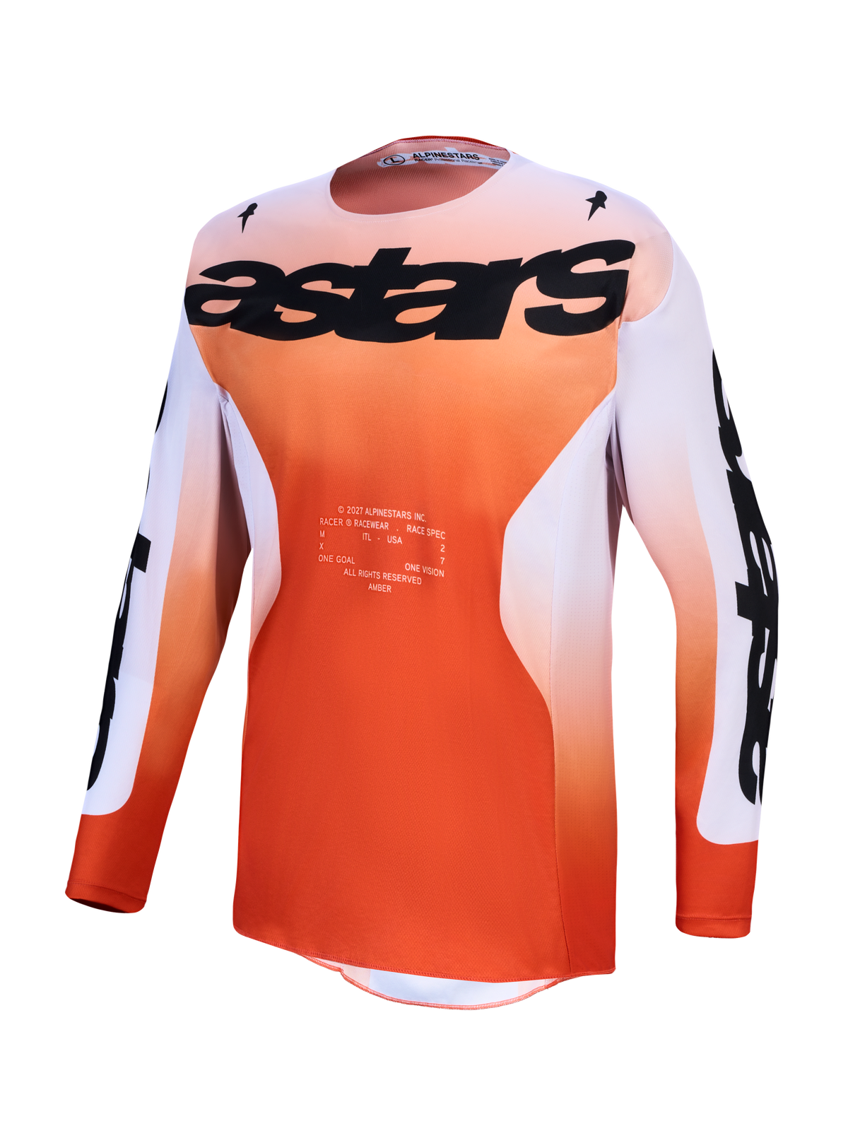 Maillot Racer Amber 2027 d'Alpinestars, maillot de motocross pour homme, rouge cardinal et lilas clair, poly-tissu évacuant l'humidité, coupe racing.