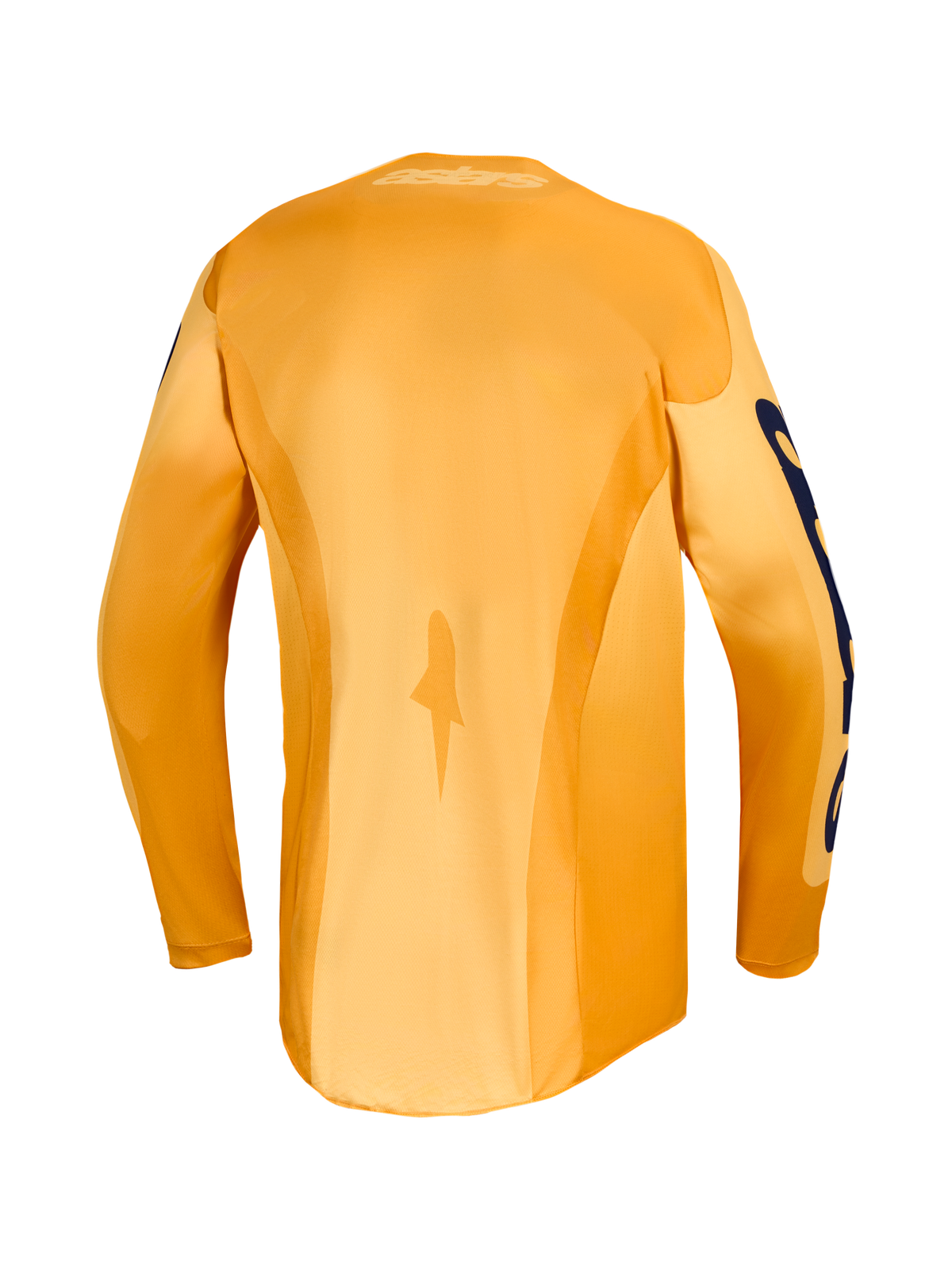 Maillot et ensemble Racer Amber Alpinestars, haut technique de motocross orange et bleu foncé, vue de dos avec ourlet allongé.