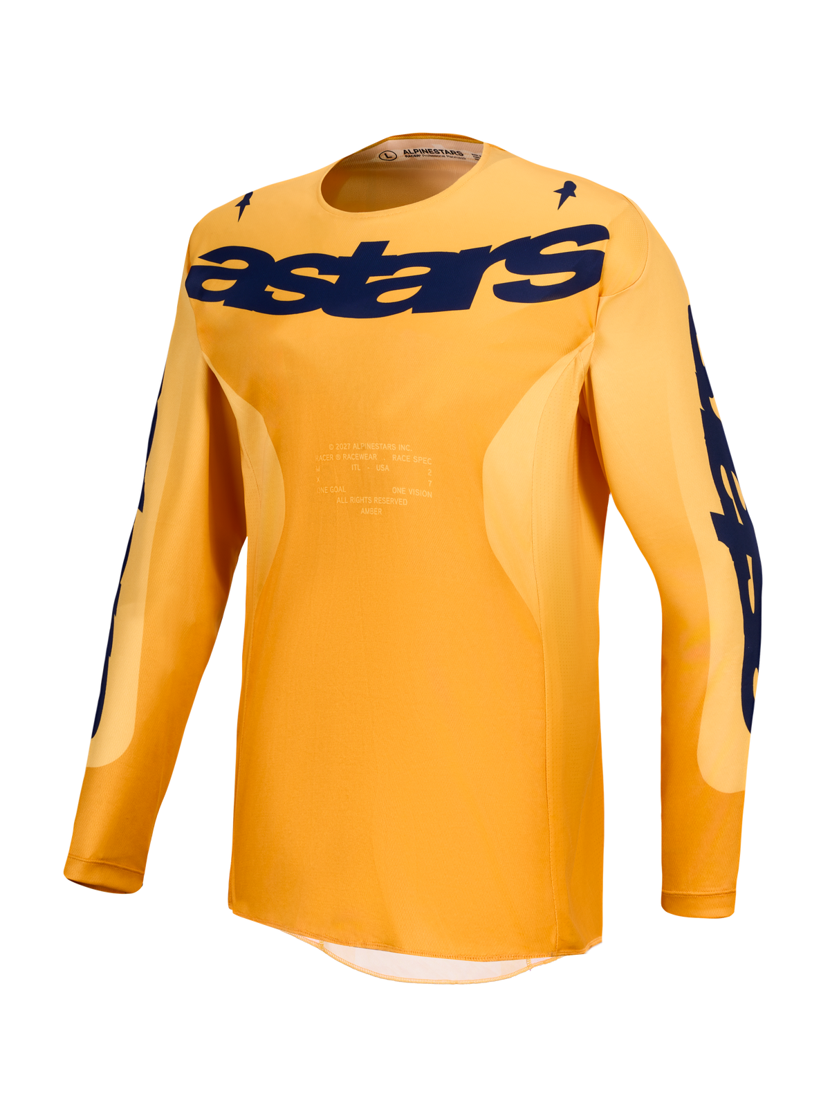 Maillot Racer Amber Alpinestars, maillot de motocross orange et bleu foncé en tissu respirant évacuant l'humidité.