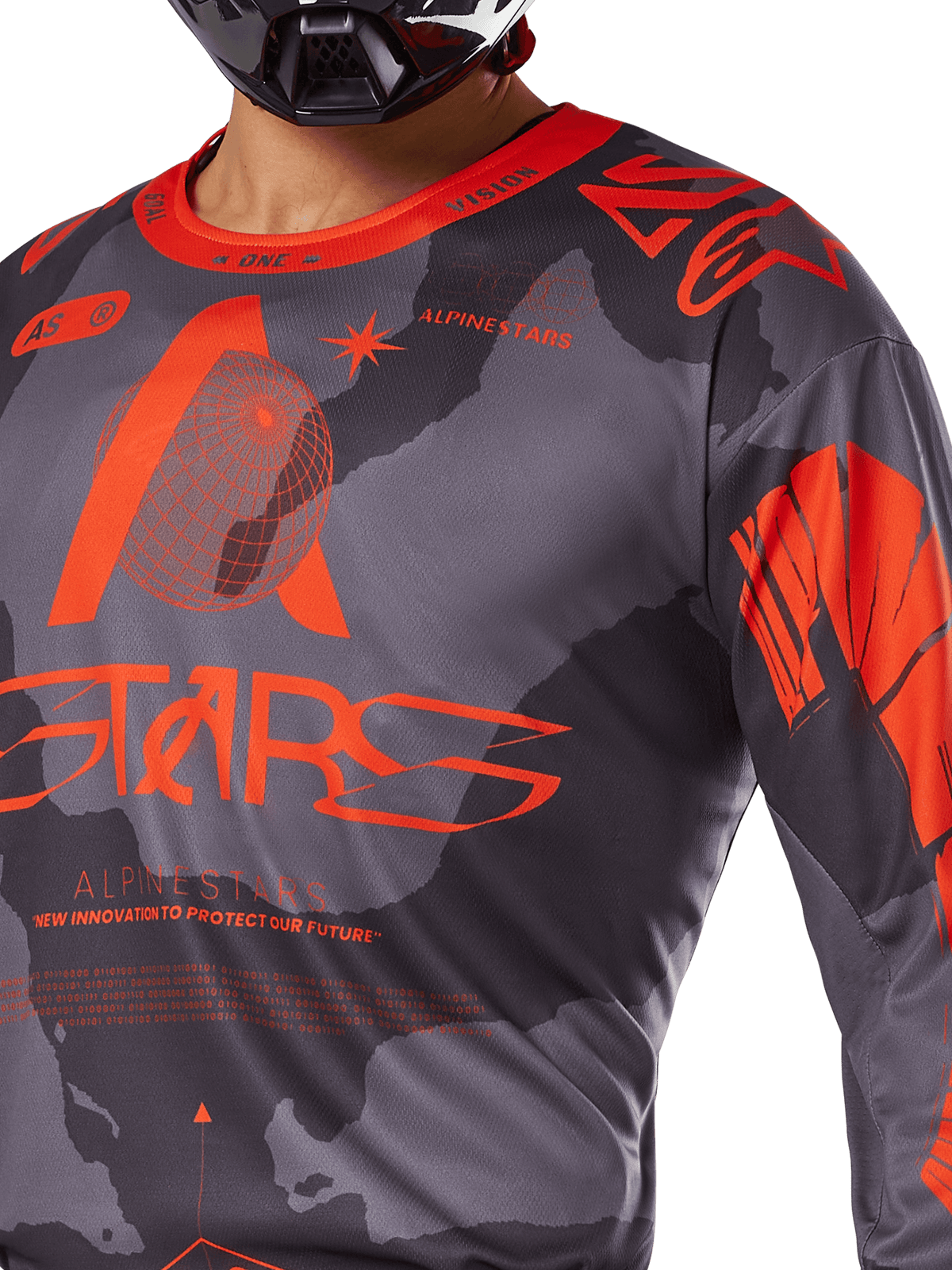 Alpinestars 2025 Racer Hollow Jersey, Motocross Jersey, Gray Camo and Orange Fluo, featuring large orange Alpinestars branding and technical graphics, crew neck collar, designed for performance off-road riding
