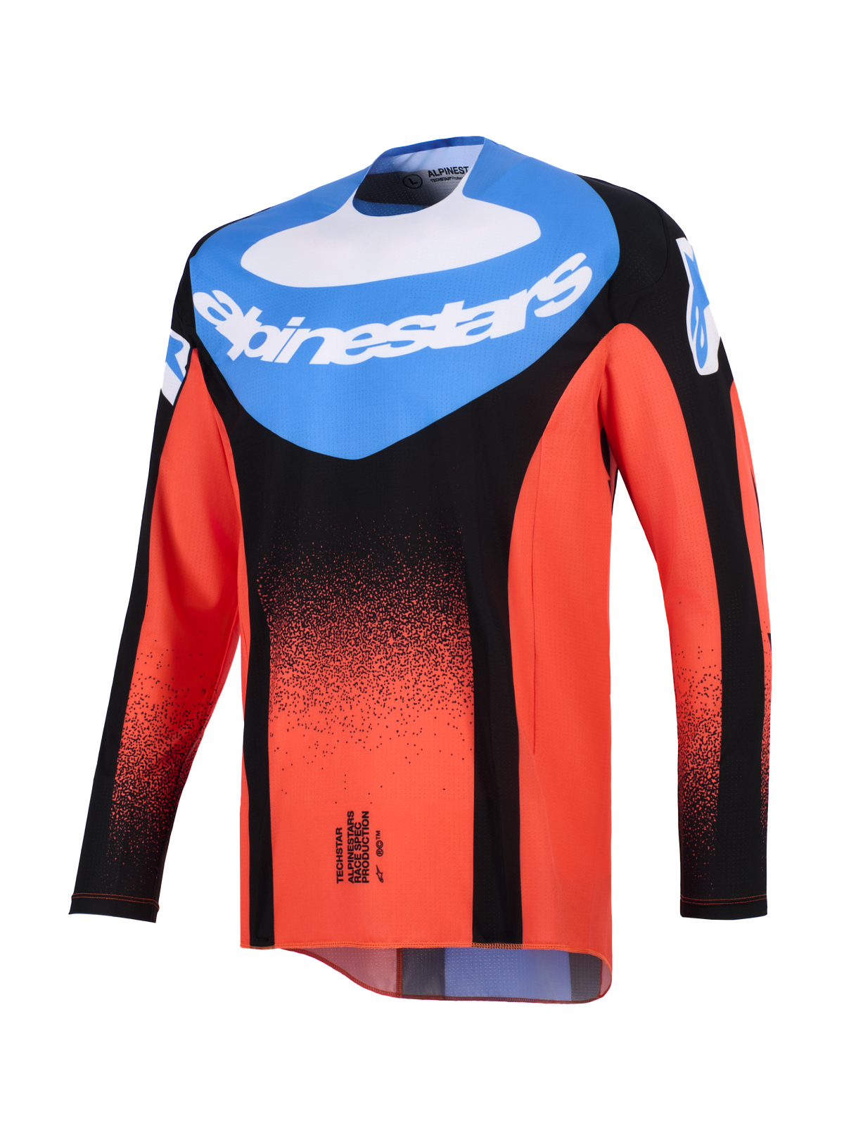 Maillot Alpinestars Techstar Knif 2026, maillot de motocross, orange, noir et bleu UCLA, vue de face avec empiècement bleu sur la poitrine, logo Alpinestars blanc et dégradé pointillé noir sur les manches et le corps orange, équipement de course tout-terrain haute performance.