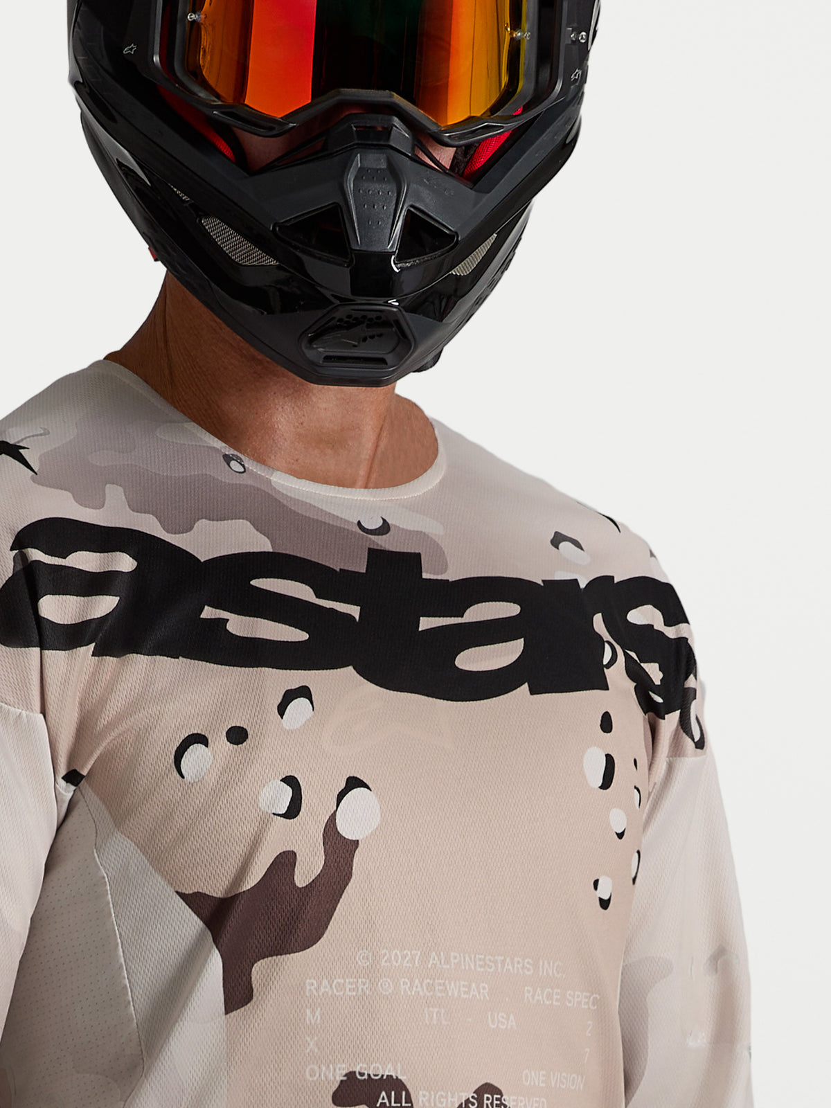 Maillot Alpinestars Racer Lone, maillot de motocross pour homme, camouflage désert et noir, poly-tissu léger.