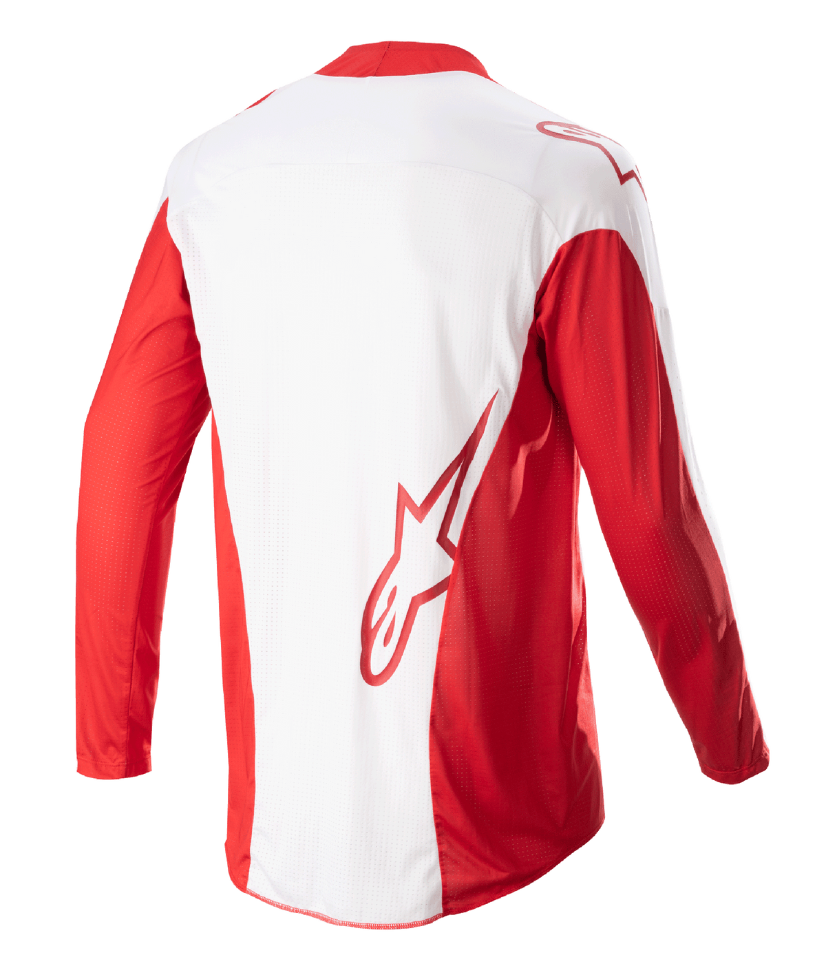 Alpinestars Techstar Arch Jersey 2023, maillot de motocross, rouge Mars et blanc, vue arrière montrant le panneau central blanc et les manches longues rouges, logo Astars rouge dans le bas du dos, panneaux de ventilation en mesh et partie arrière allongée pour une meilleure couverture en course tout-terrain