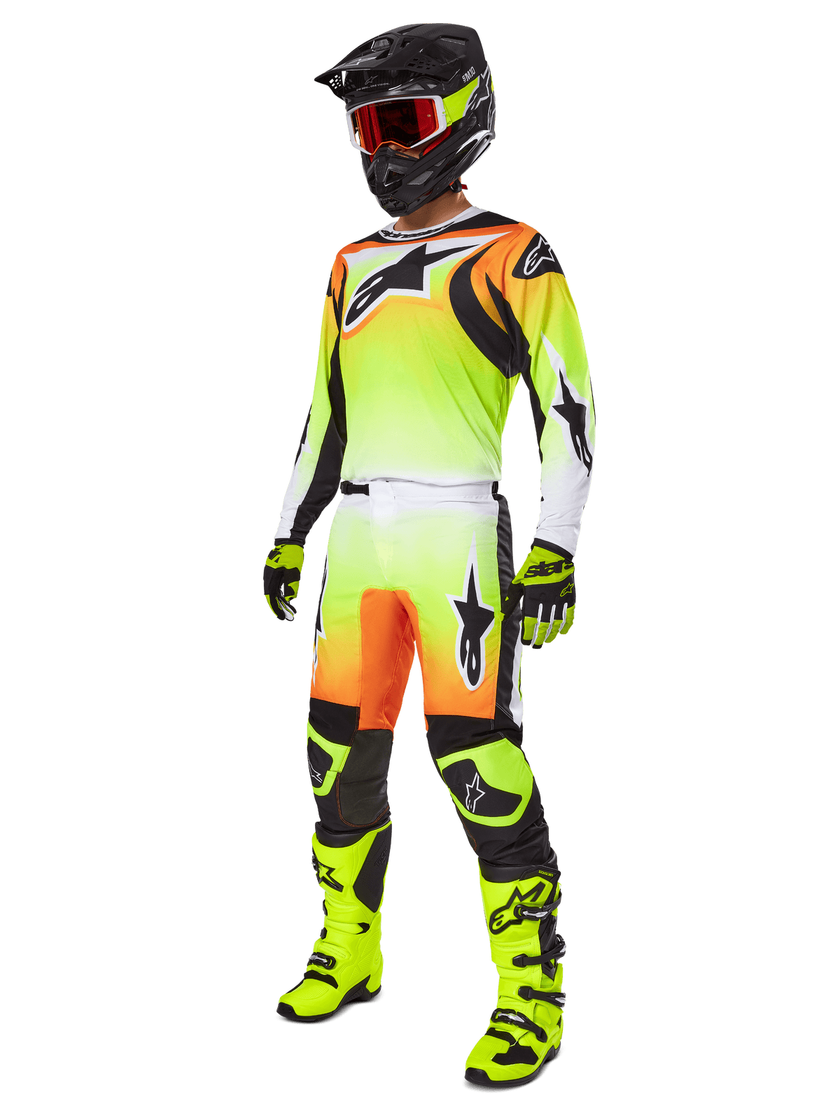 Alpinestars 2025 Fluid Wurx Gear Set, Motocross Racing Outfit, Neon Yellow and Orange gradient, complete kit with jersey and pants, black helmet with orange goggles, neon yellow boots and gloves, athletic design for off-road performance