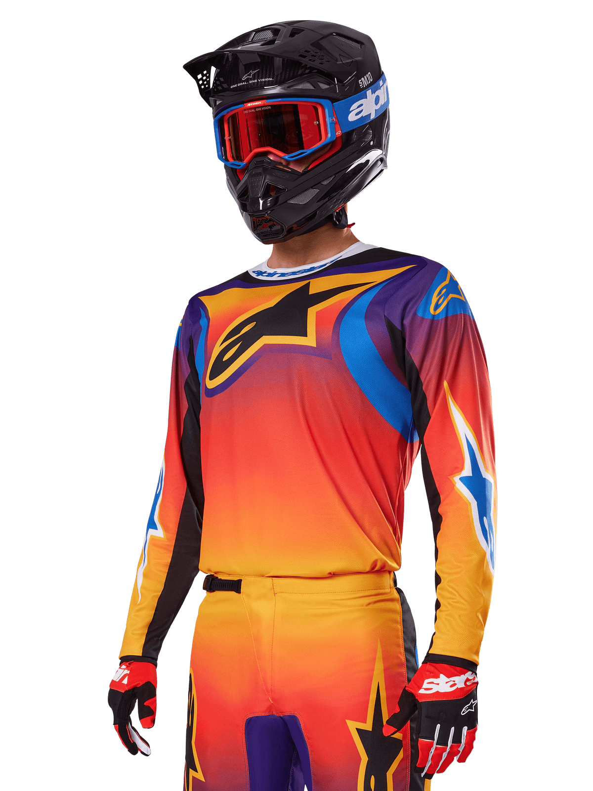 Alpinestars 2025 Fluid Wurx Gear Set, Motocross Gear Set, Orange Purple and Blue gradient, featuring a large black A-stars logo, worn with a black helmet and blue goggles, coordinated outfit for professional off-road racing