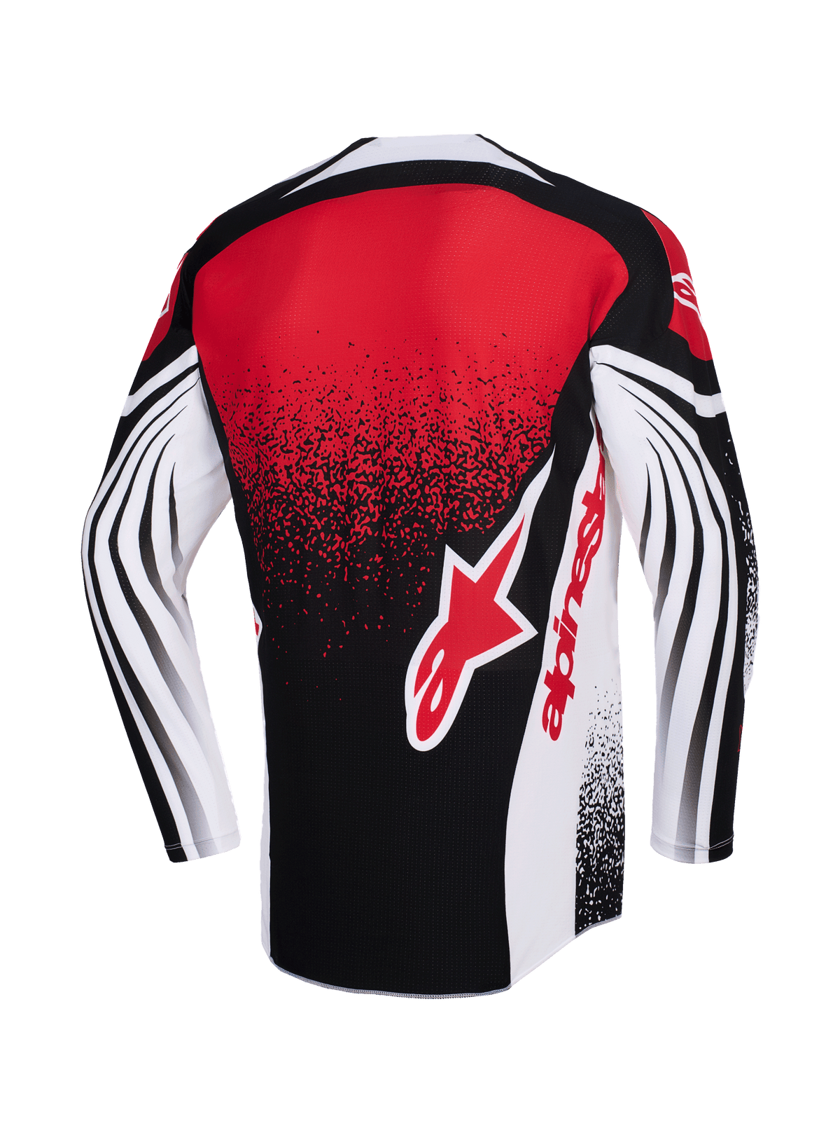 Maillot Alpinestars Techstar Nomur 2026, maillot de motocross, noir, blanc et rouge, vue arrière avec un grand logo Alpinestars rouge, effet de dégradé moucheté et motifs incurvés dynamiques sur les manches longues, vêtement de course haute performance