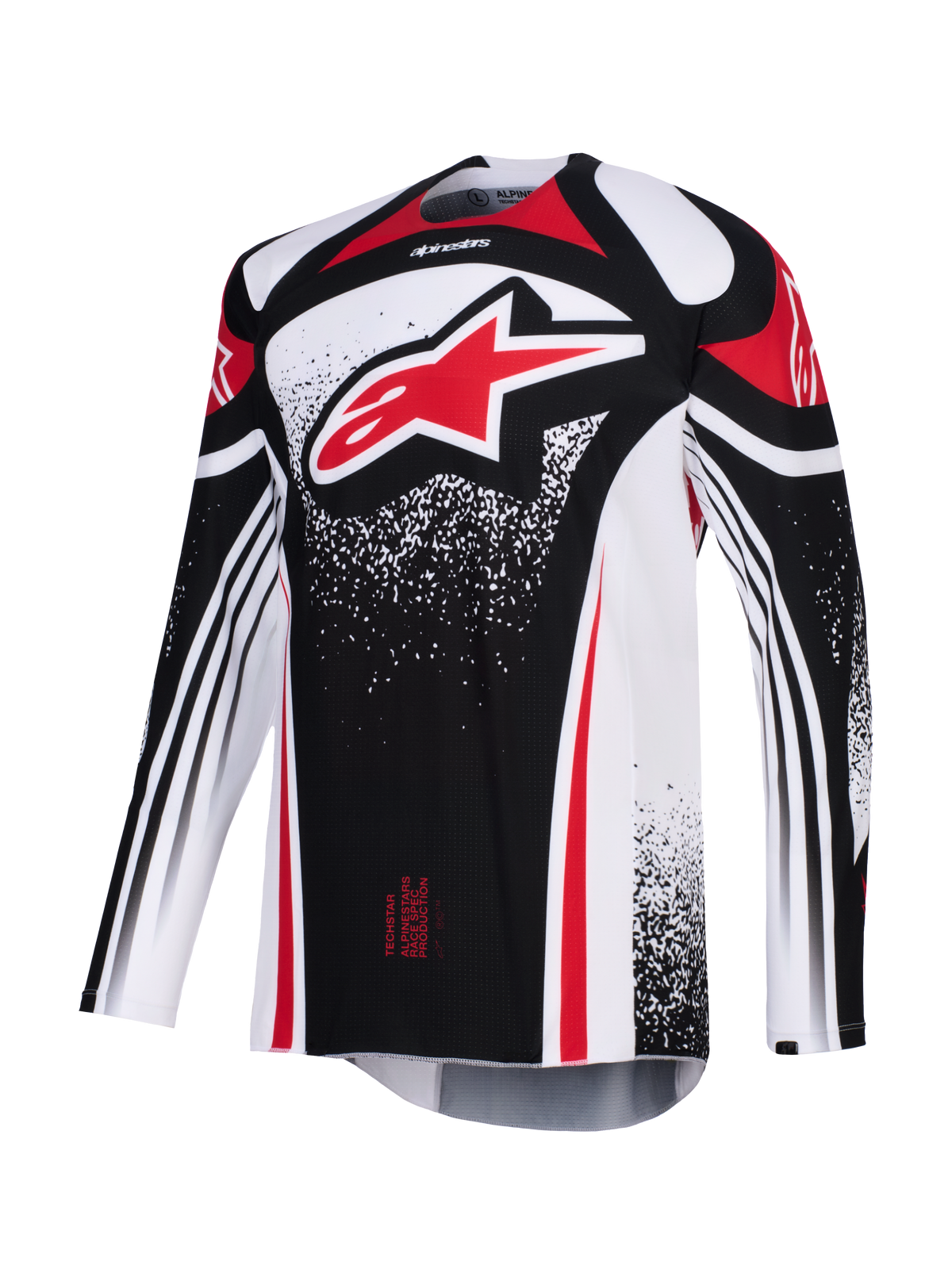 Maillot Alpinestars Techstar Nomur 2026, maillot de motocross, noir, blanc et rouge, avec un grand logo Astars rouge sur la poitrine, motifs graphiques pointillés, manches longues et coupe athlétique de course pour la compétition tout-terrain de haute performance.