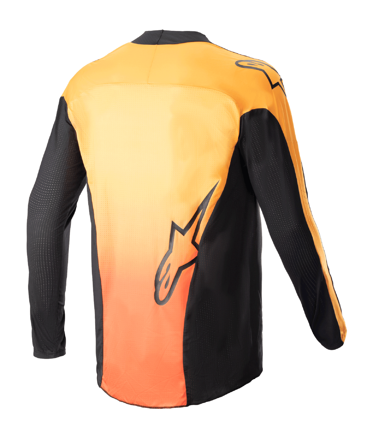 Maillot Alpinestars Techstar Sein 2023, maillot de motocross, noir et orange vif, vue arrière montrant un dos avec un dégradé orange éclatant, panneaux latéraux et manches noirs, logos Alpinestars sur le bas du dos et l'épaule
